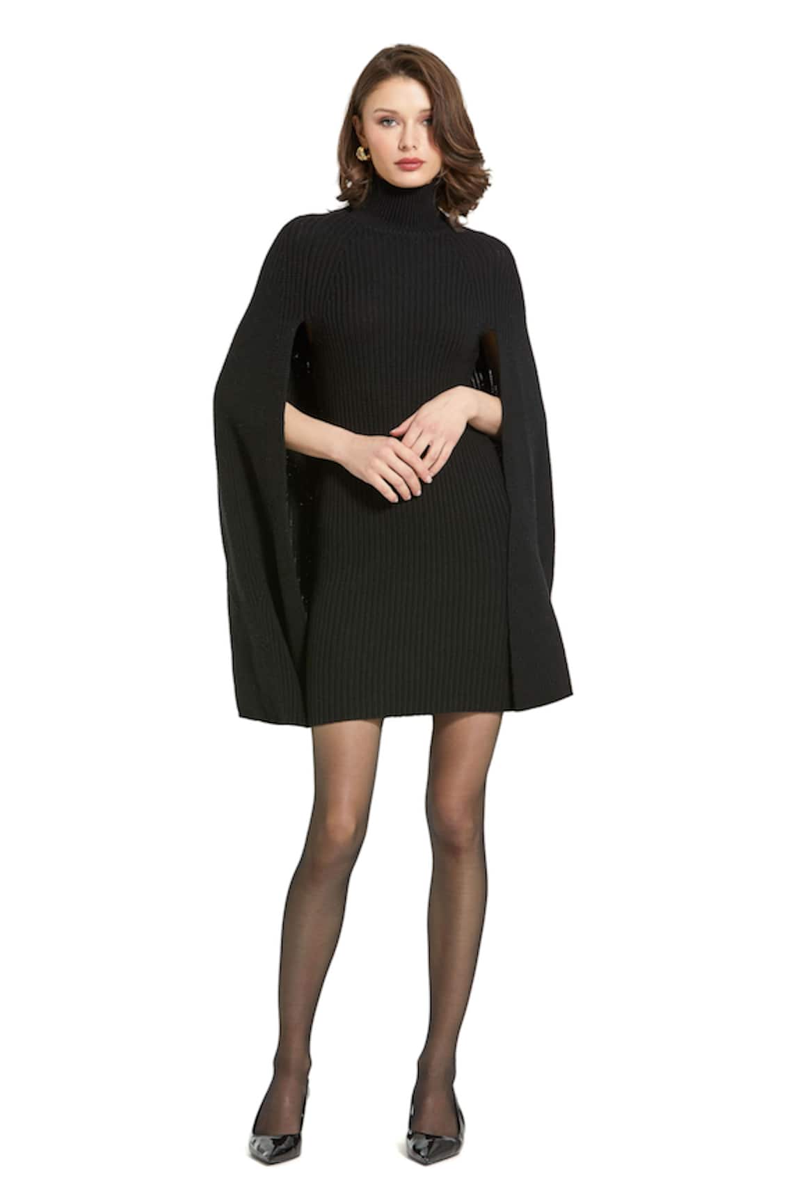 Mac Duggal Black Turtle Neck Cape Sleeve Mini Dress