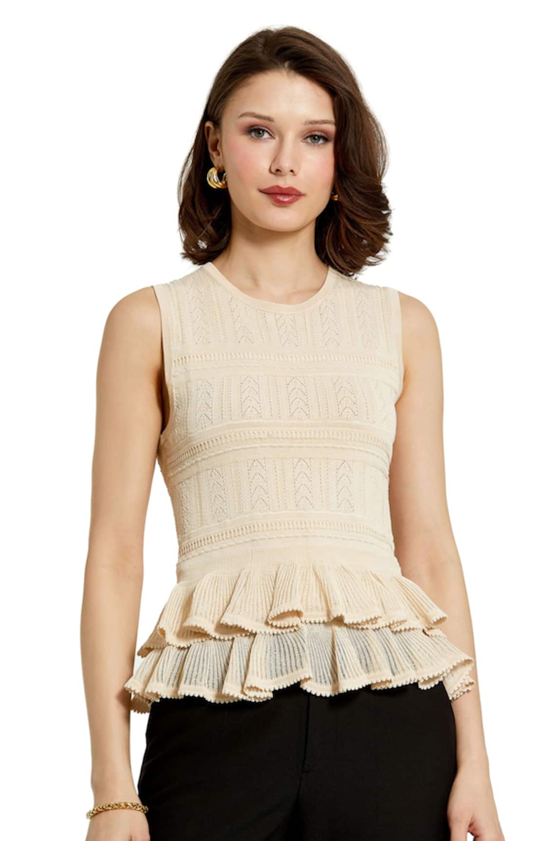 Mac Duggal Geometric Layered Ruffle Knit Top