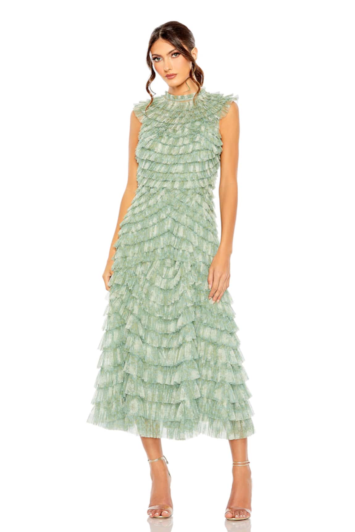 Mac Duggal Floral Printed Frilled Midi Dress 