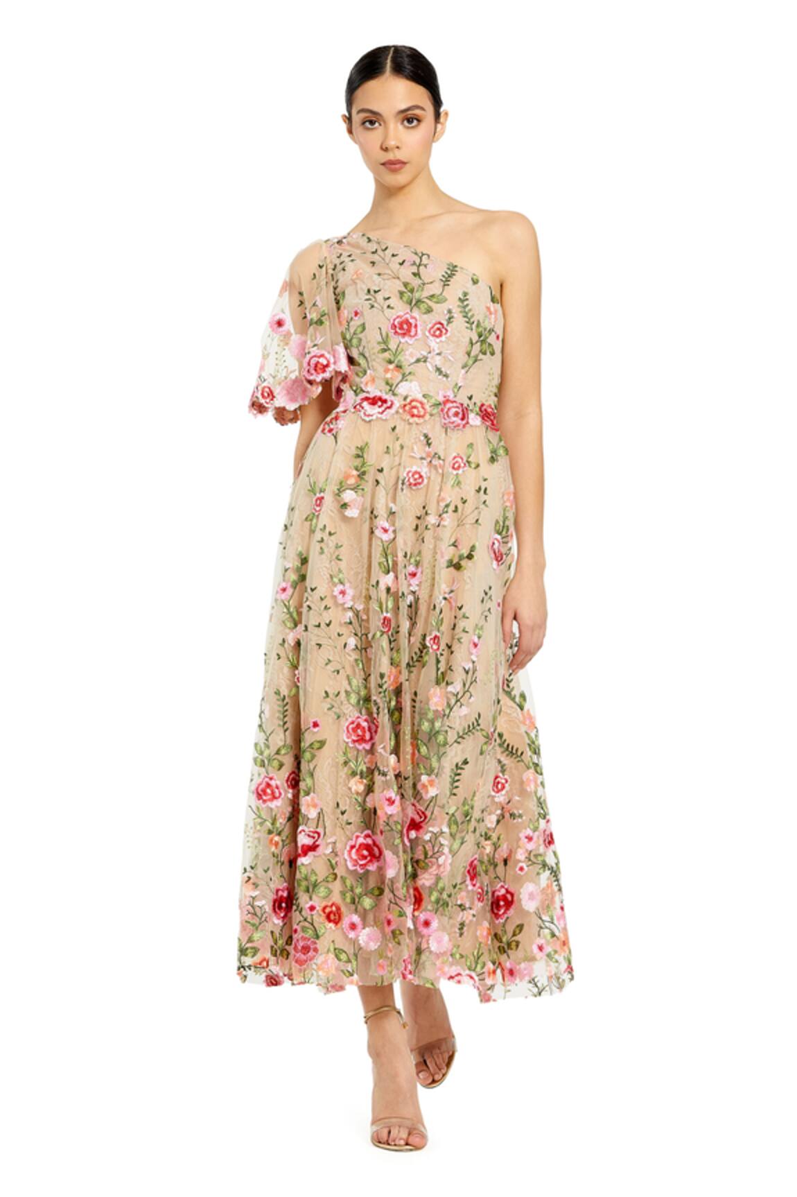 Mac Duggal Multi Color Lace Embroidered One Shoulder Dress 