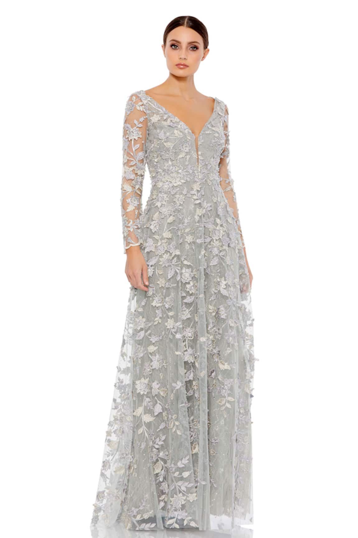 Mac Duggal Silver Applique Rhinestone Gown 