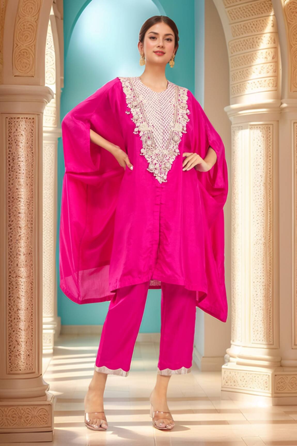 Prisho Floral Resham Embroidered Kaftan & Pant Set