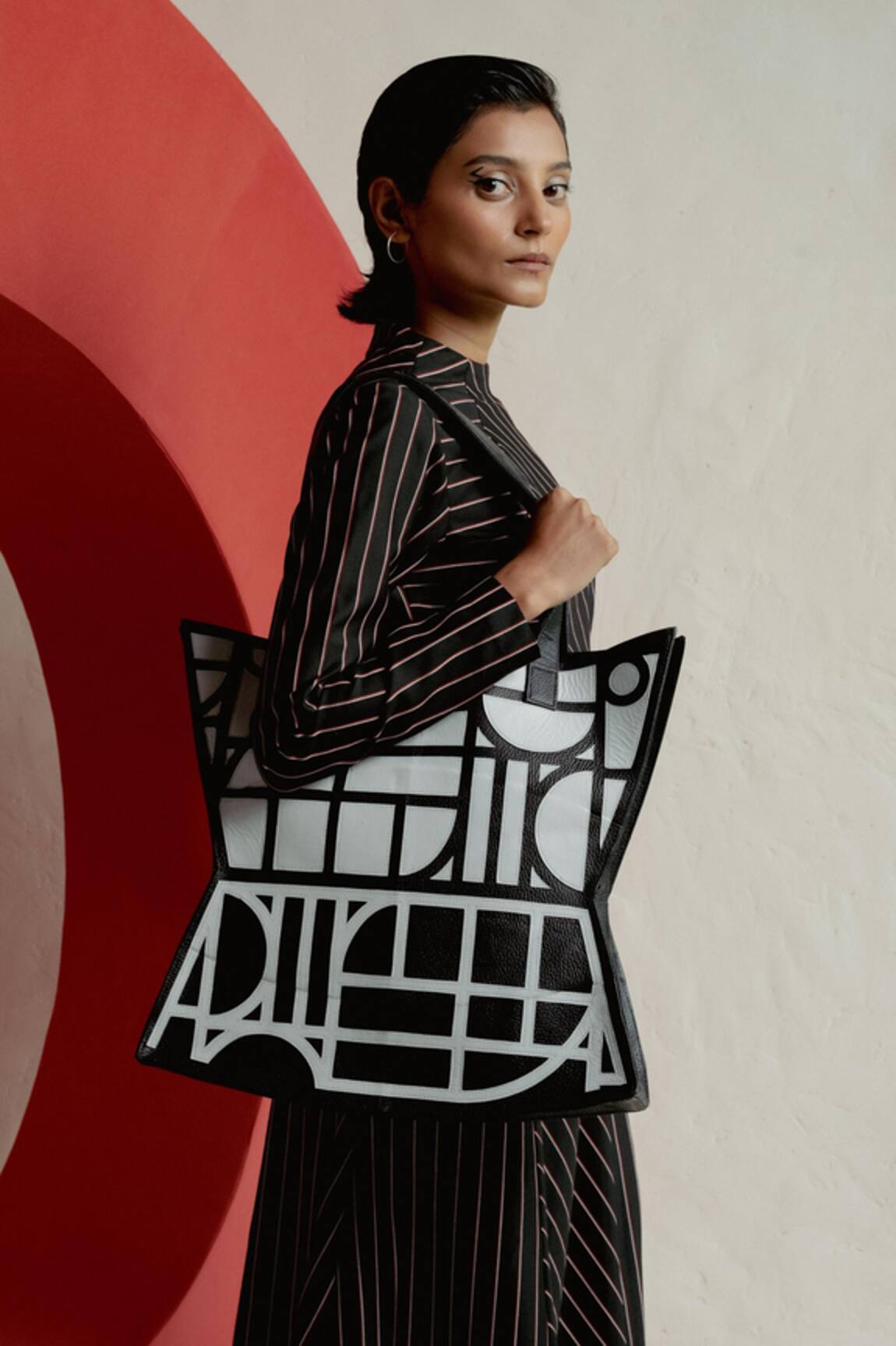 Econock Studio Geometric Design Black Leather Tote Bag