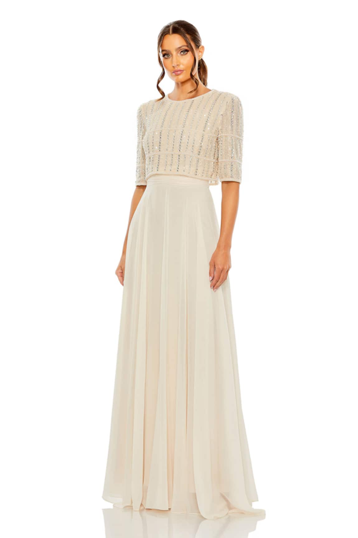 Mac Duggal Beige Sequin & Pearl Embellished Gown 