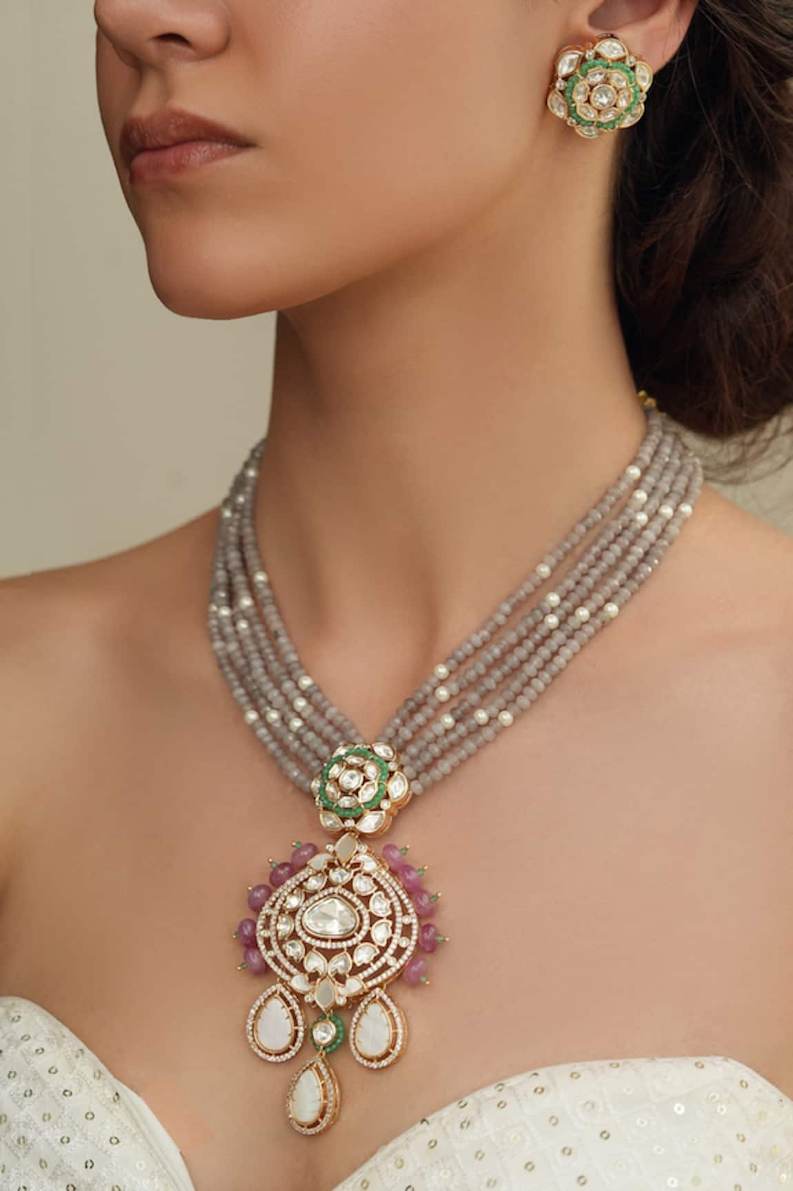 Joules By Radhika Polki Stone Floral Necklace Set