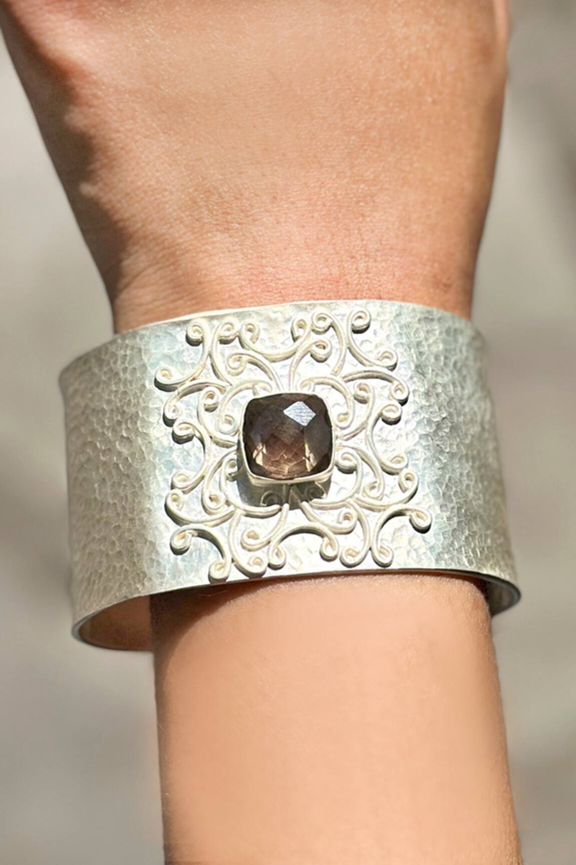 Anuka Jewels Smokey Quartz Carved Cuff Bracelet