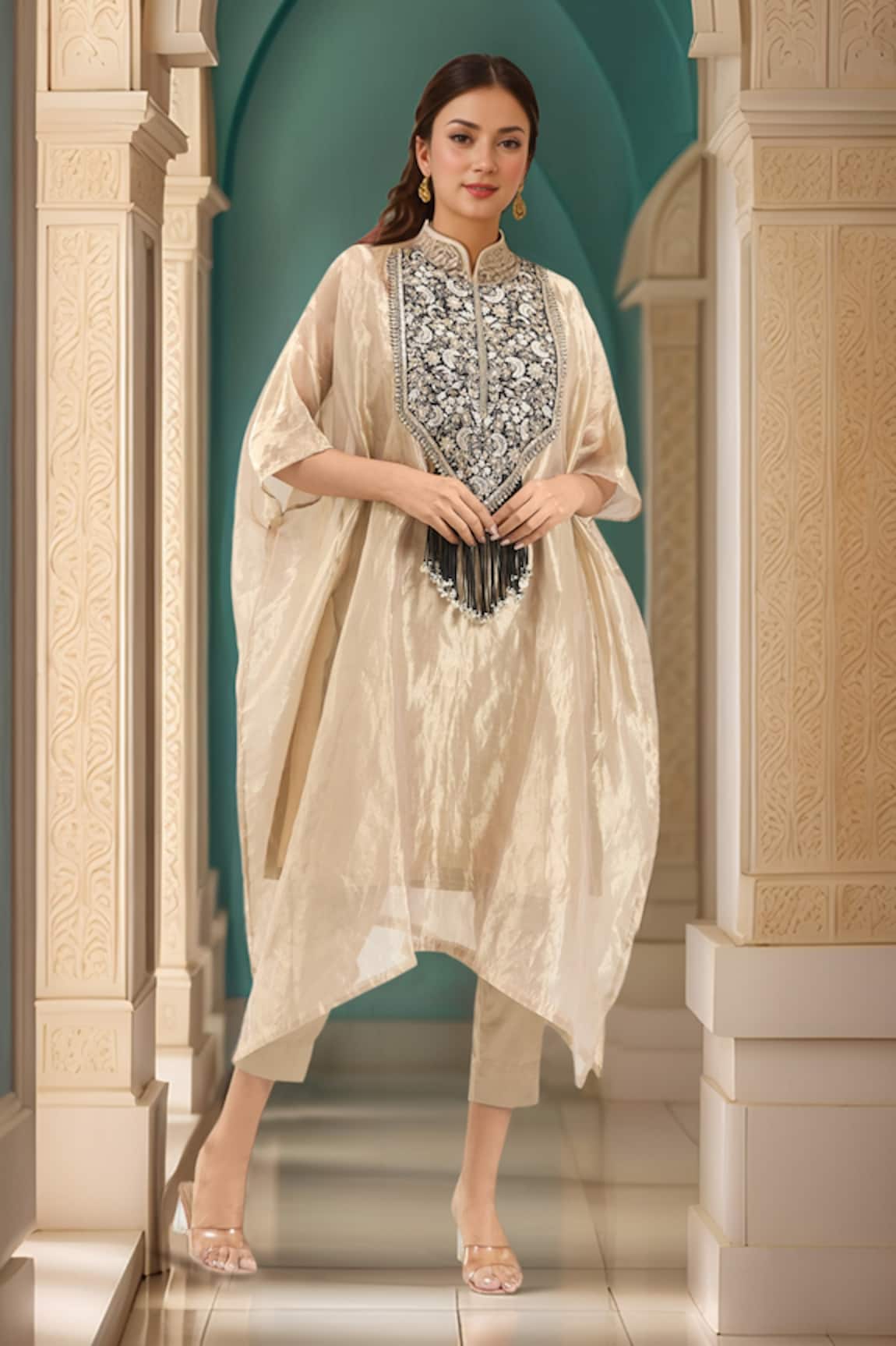 Prisho Floral Embroidered Kaftan & Pant Set