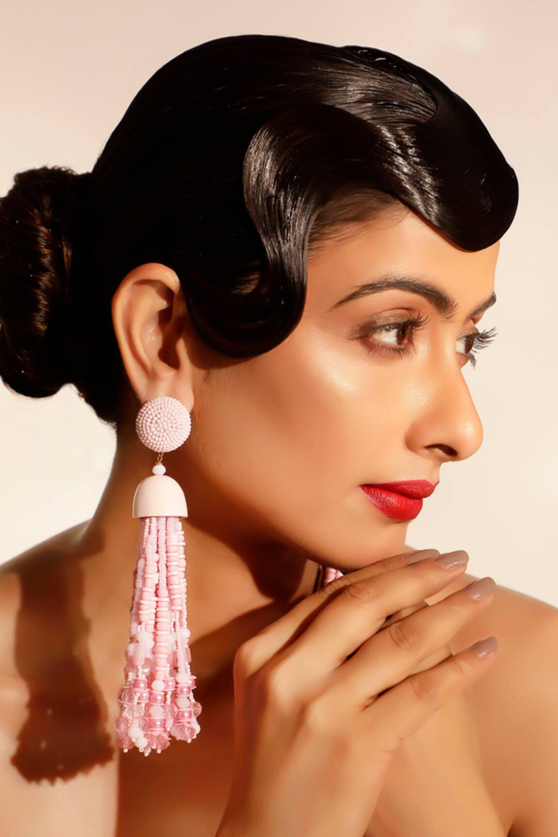 Bijoux By Priya Chandna Pink Bead Embellished Long Tassel Earrings