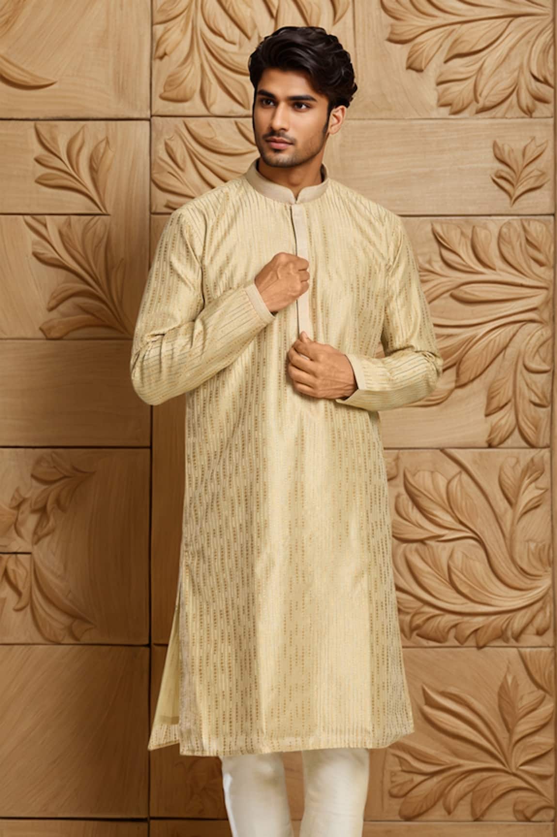 Arihant Rai Sinha Gold Stripe Motif Woven Kurta 