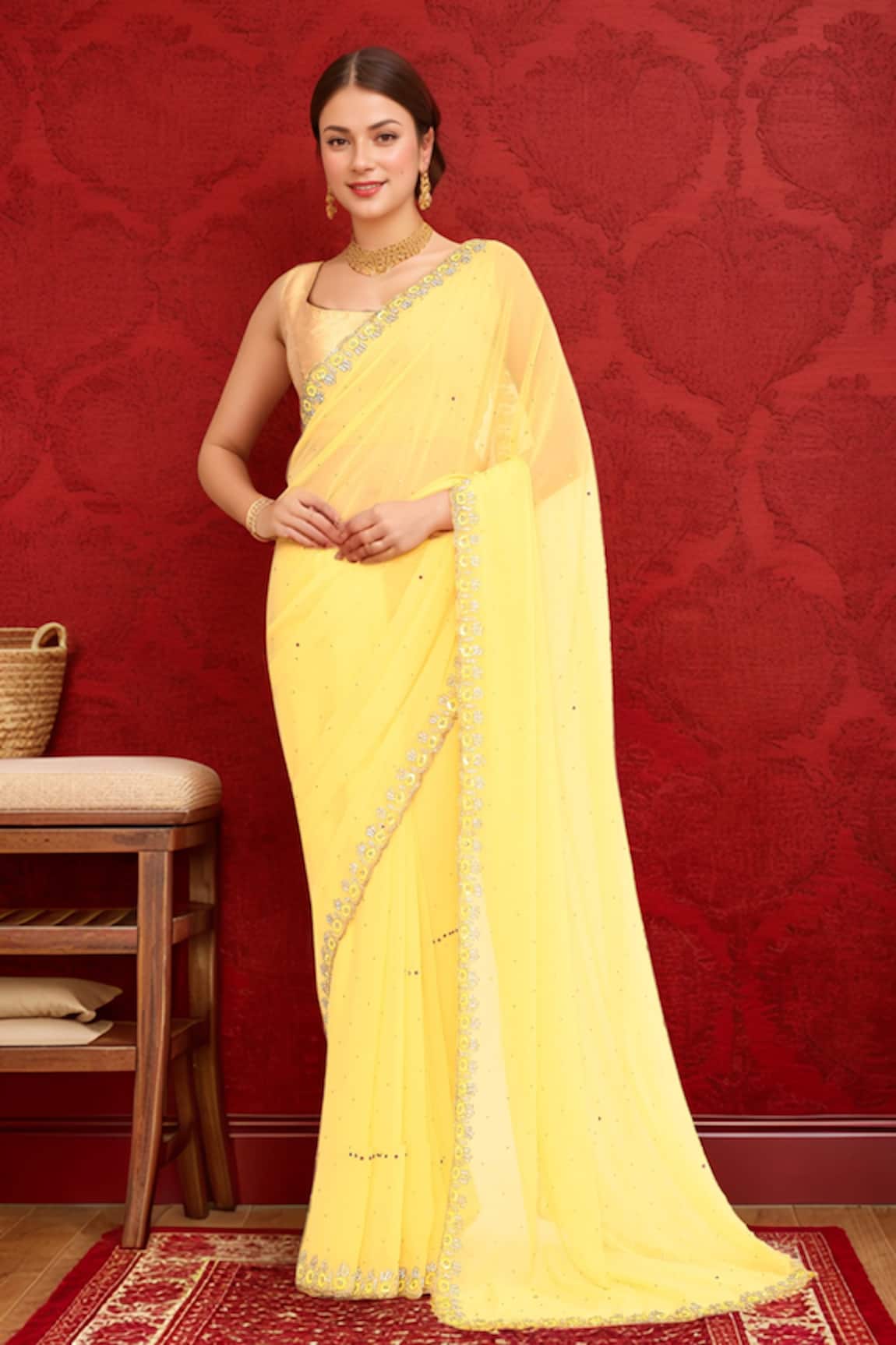 Samyukta Singhania Floral Embroidered Yellow Georgette Saree 