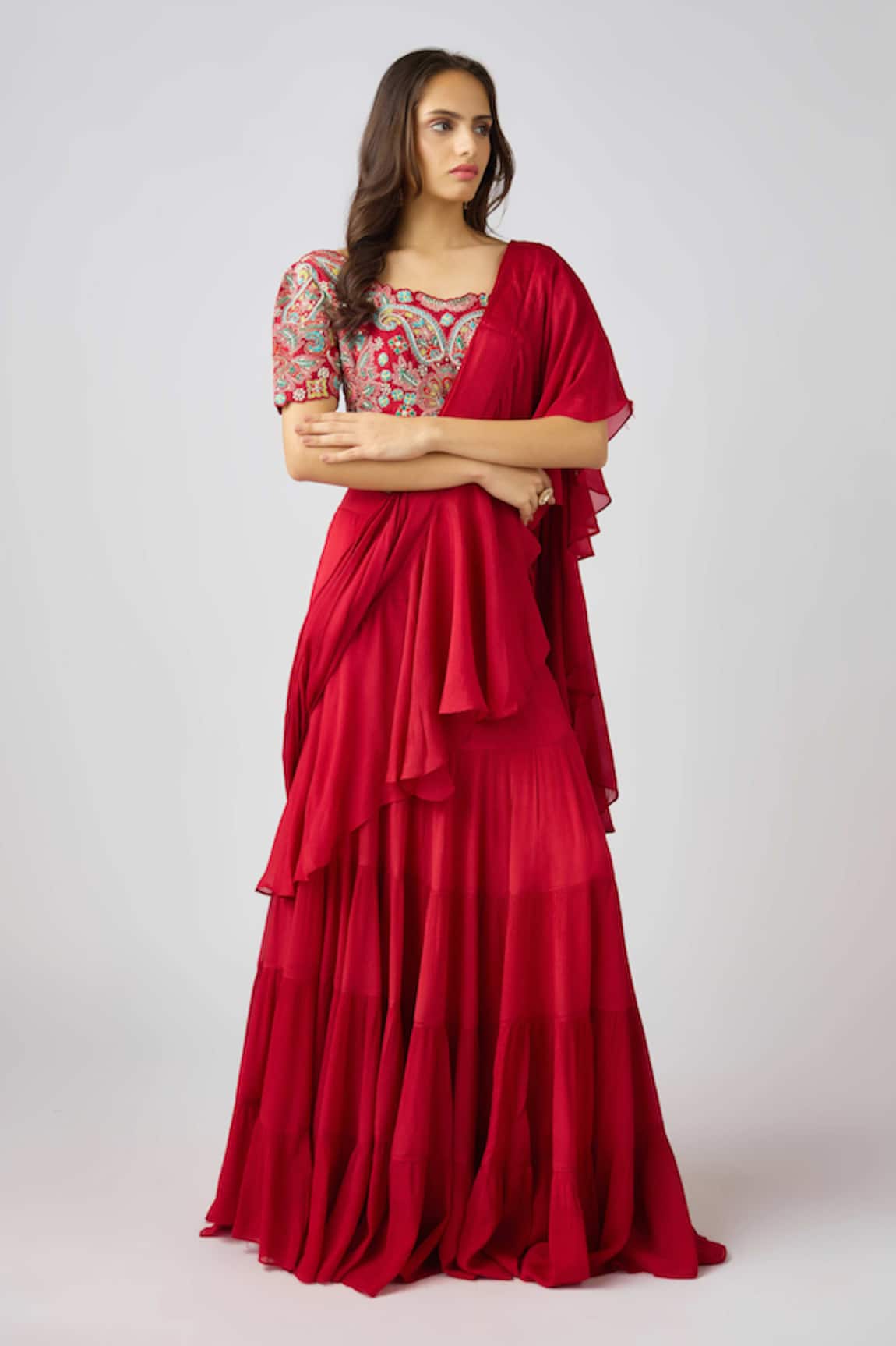 Basanti - Kapde Aur Koffee Gradient Ruffle Pre-Draped Saree & Embroidered Blouse 