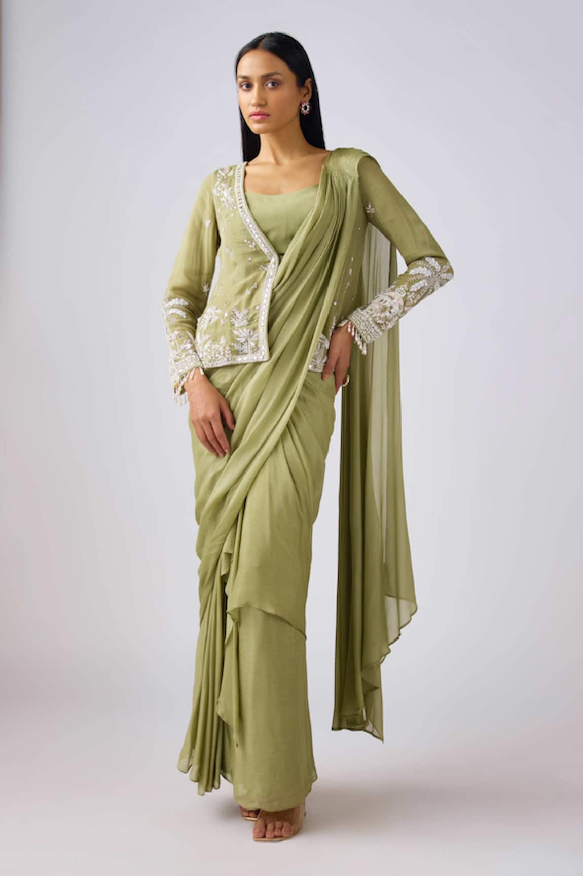 Basanti - Kapde Aur Koffee Embroidered Ruffle Saree & Jacket Set 