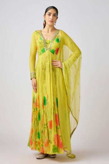 Basanti Kapde aur Koffee Blossom Print Anarkali Set With Dupatta