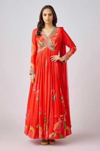 Basanti Kapde aur Koffee Fiore Print Anarkali Set With Dupatta 