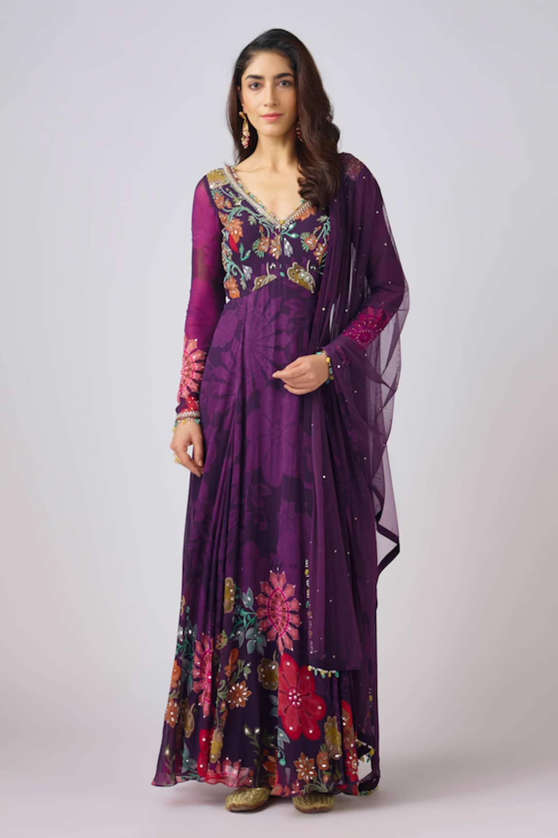 Basanti - Kapde Aur Koffee Flora Print & Mirror Work Anarkali Set