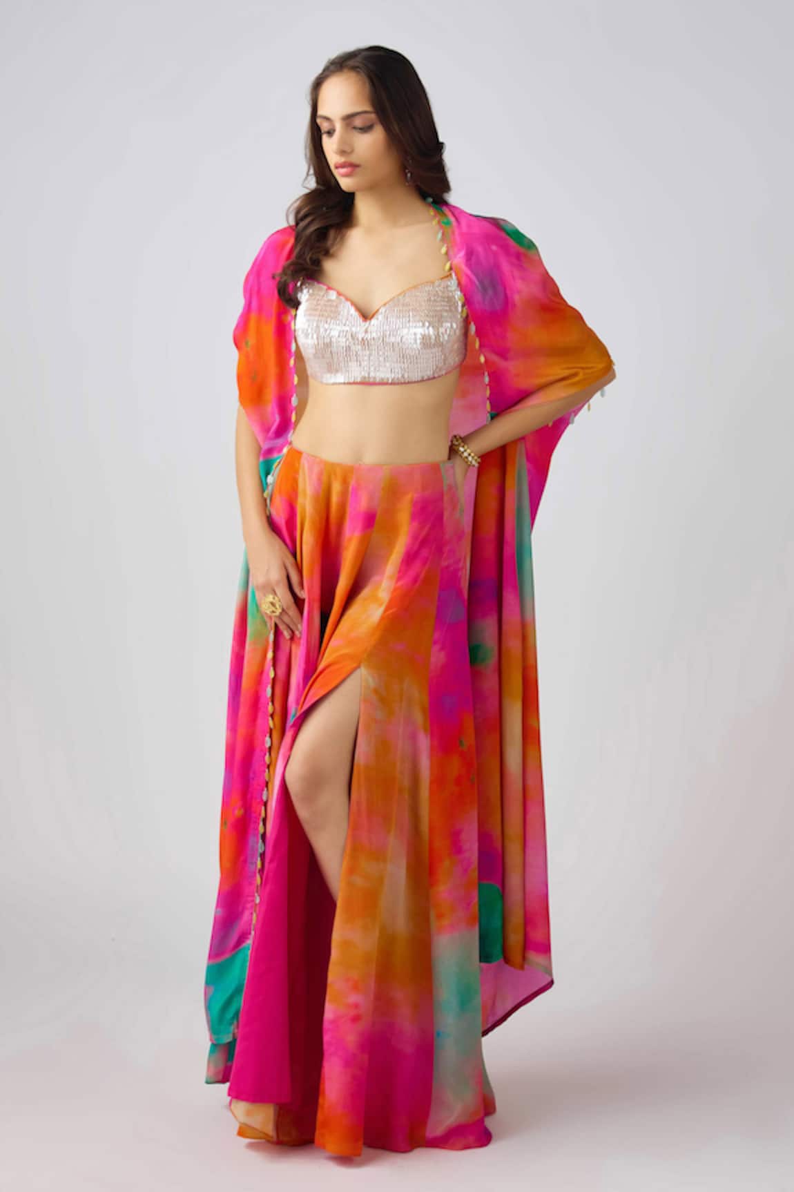 Basanti - Kapde Aur Koffee Multi Color Tie Dye Cape & Sharara Set 