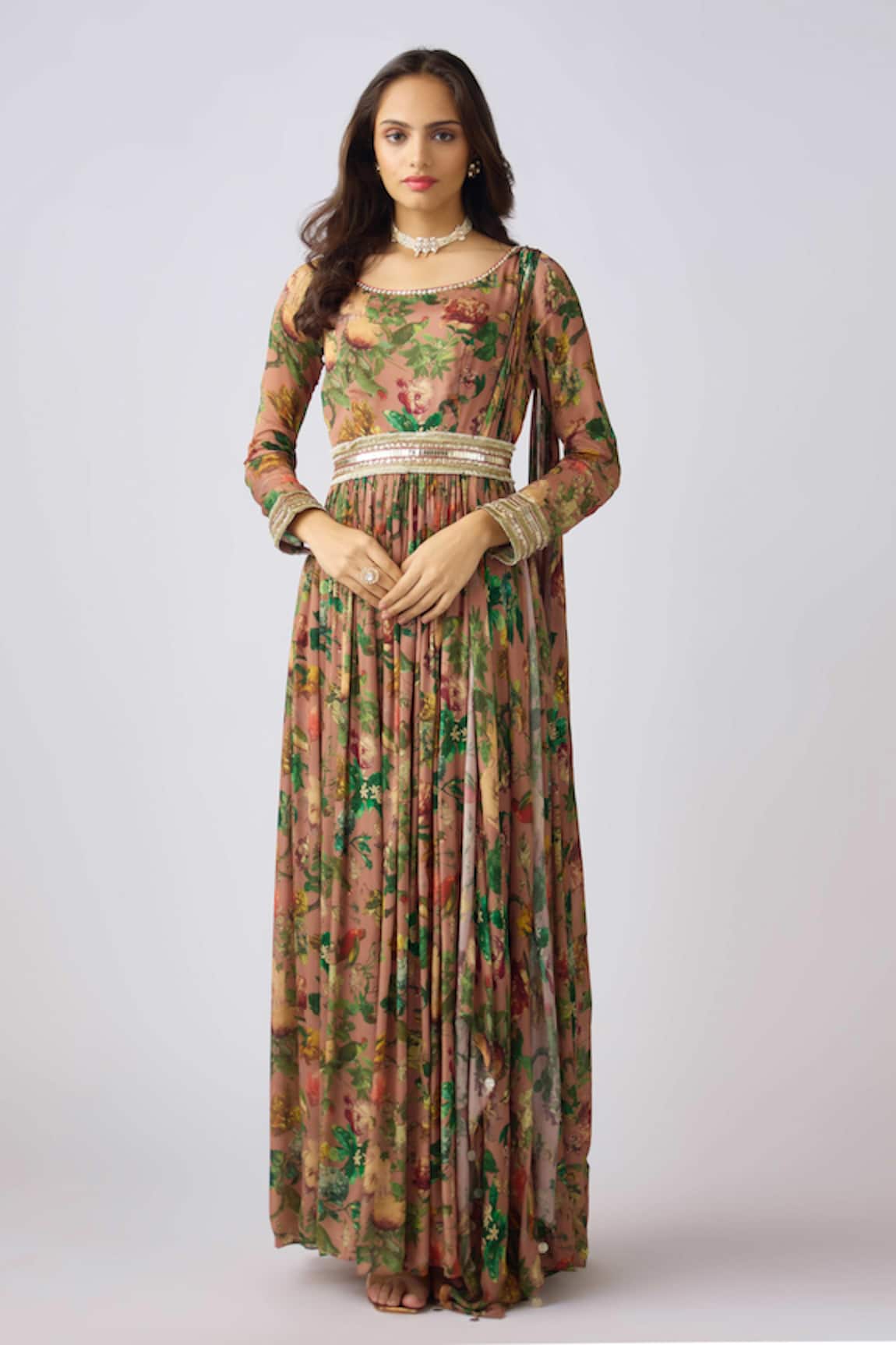 Basanti - Kapde Aur Koffee Blossom Garden Print Anarkali Set 