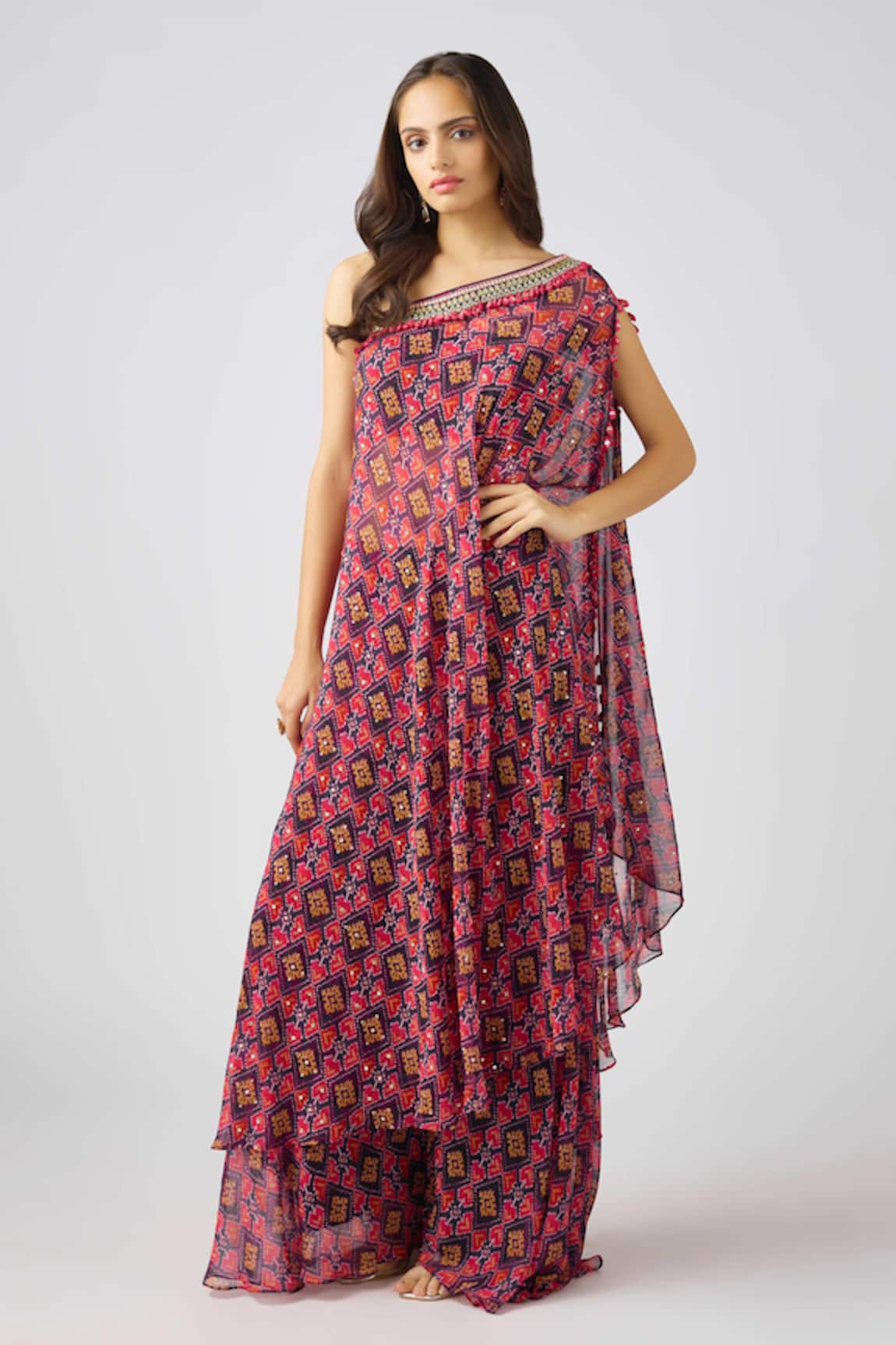 Basanti - Kapde Aur Koffee Geometric Print Cape Sharara Set 