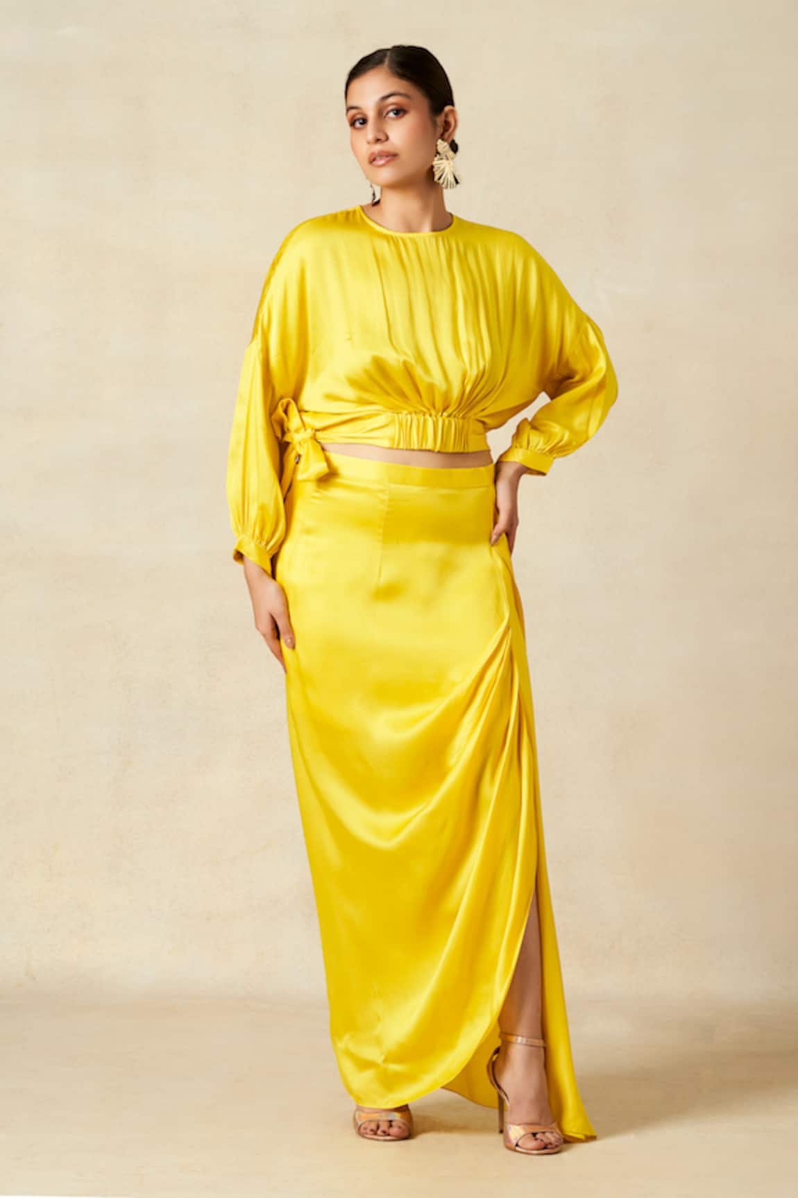 Gulabo By Abu Sandeep Yellow Solid Blouson Top With Tie-Up 