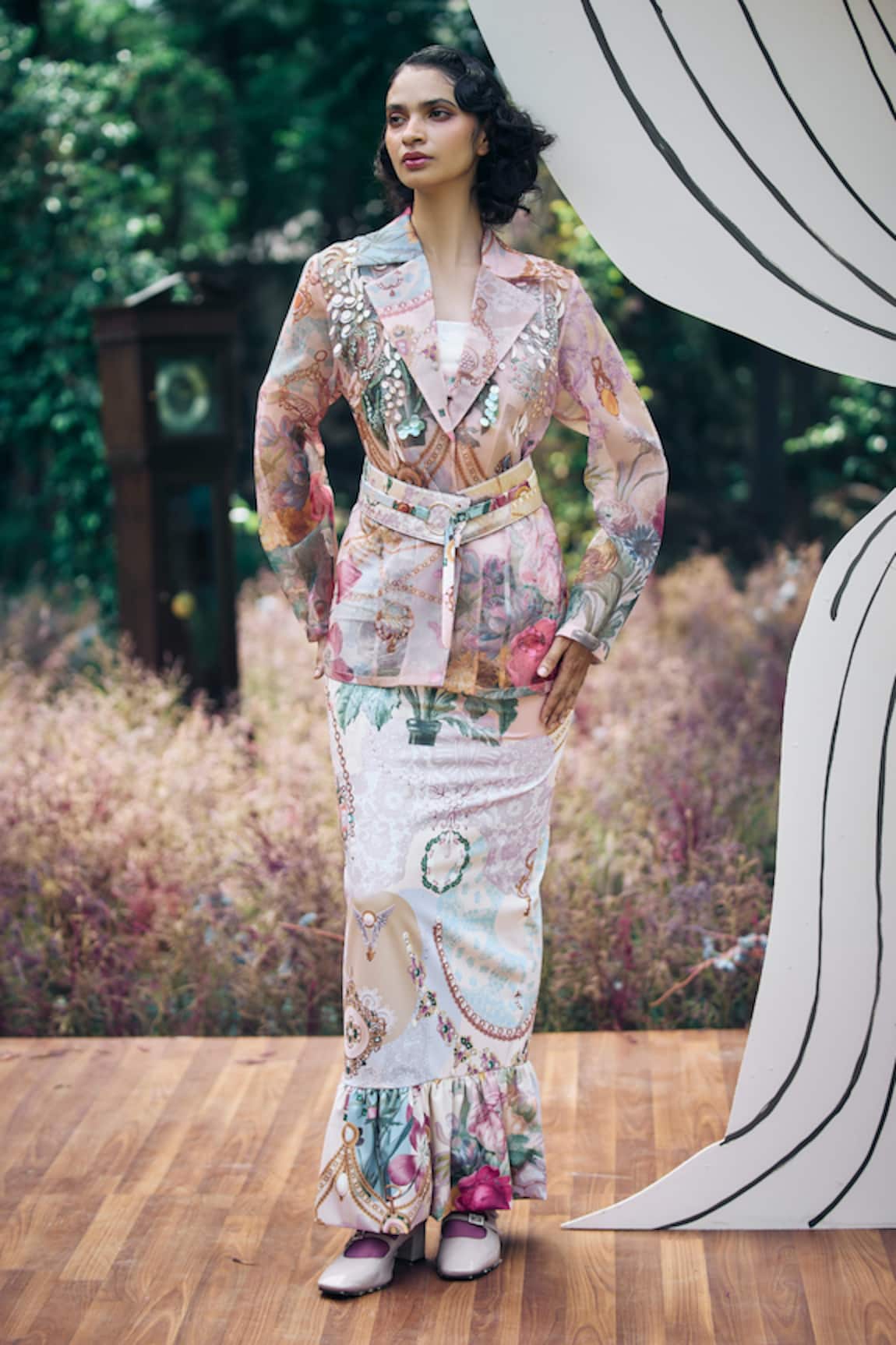 Pankaj & Nidhi Multicolored Sequin Embroidered Blazer & Skirt Set 