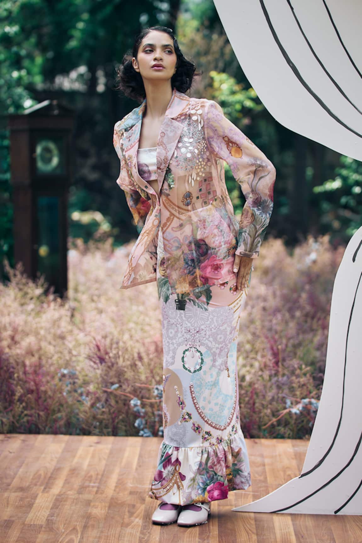 Pankaj & Nidhi Multi Color Sequin Applique Ruffled Skirt