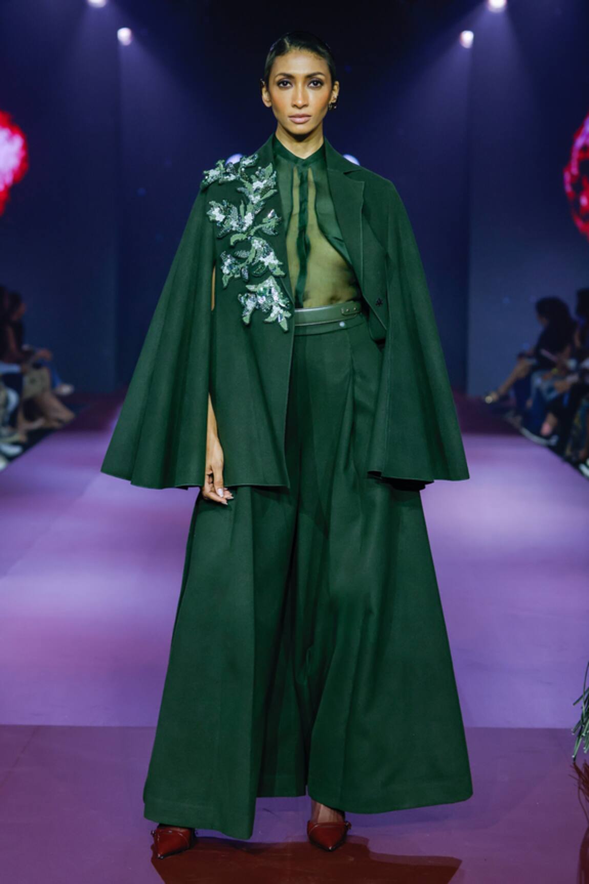 Pankaj & Nidhi Cypress Green High Waist Flared Trouser