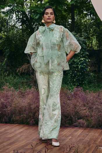 Pankaj & Nidhi Mint Green Peplum Top & Flared Pant Set 