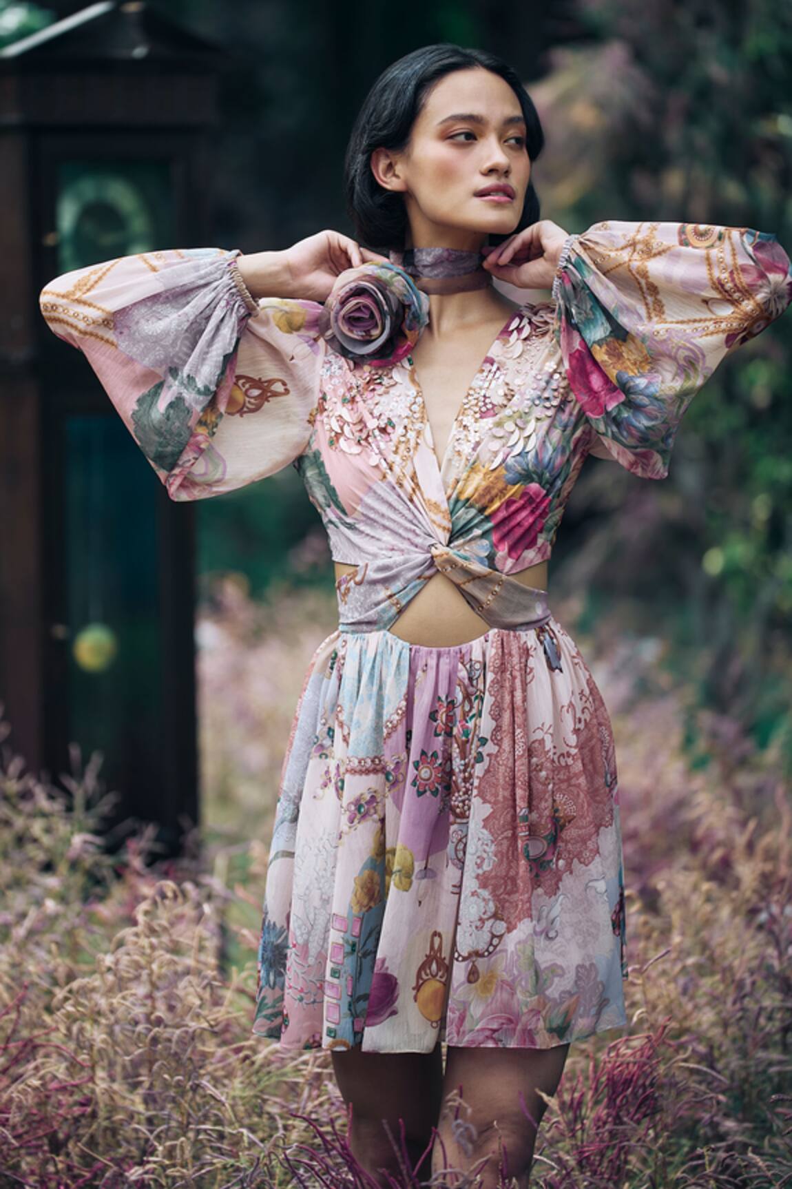Pankaj & Nidhi Multicolor Floral Abstract Cut-Out Dress 