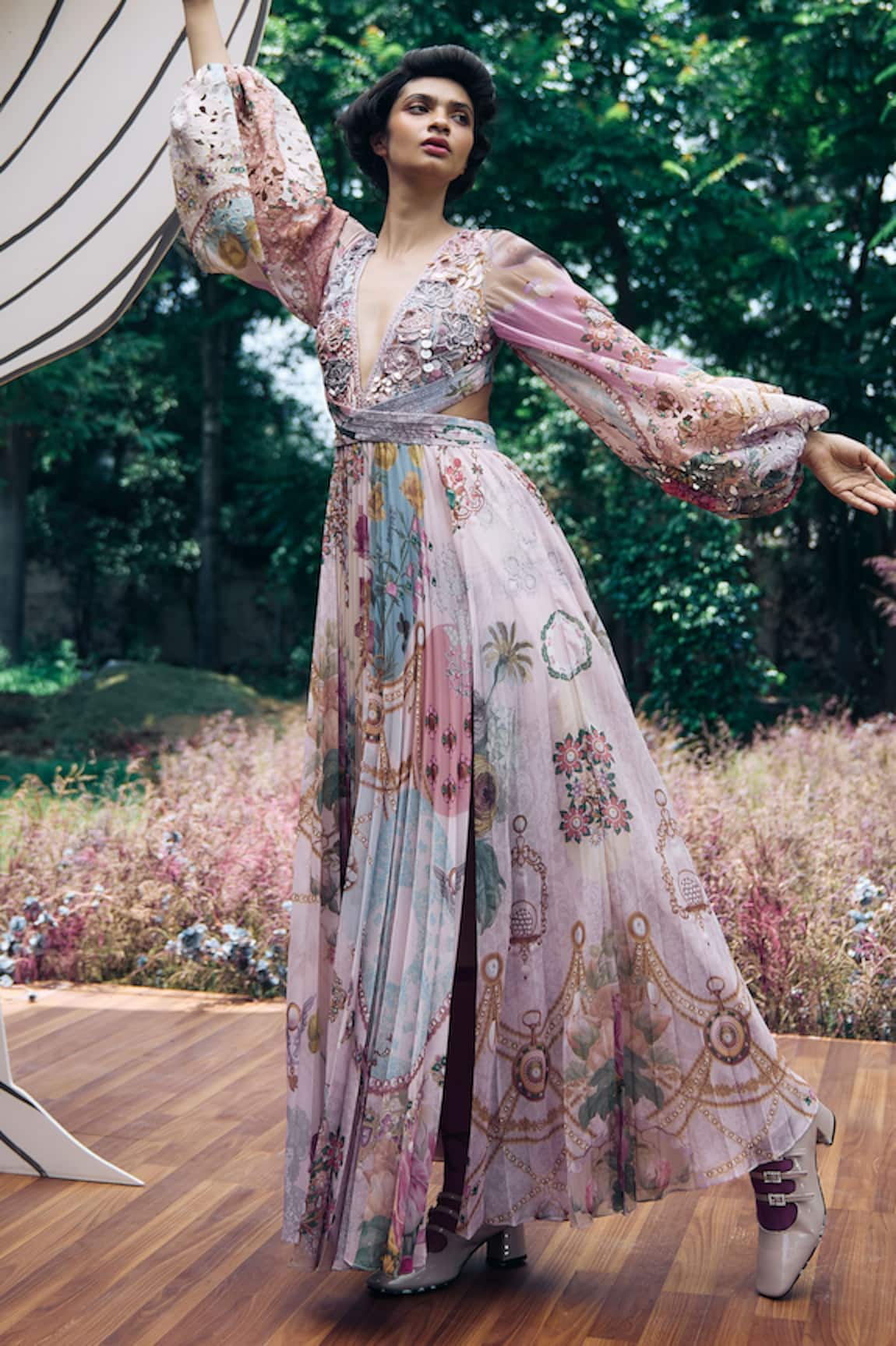 Pankaj & Nidhi Embellished Floral Maxi Dress 