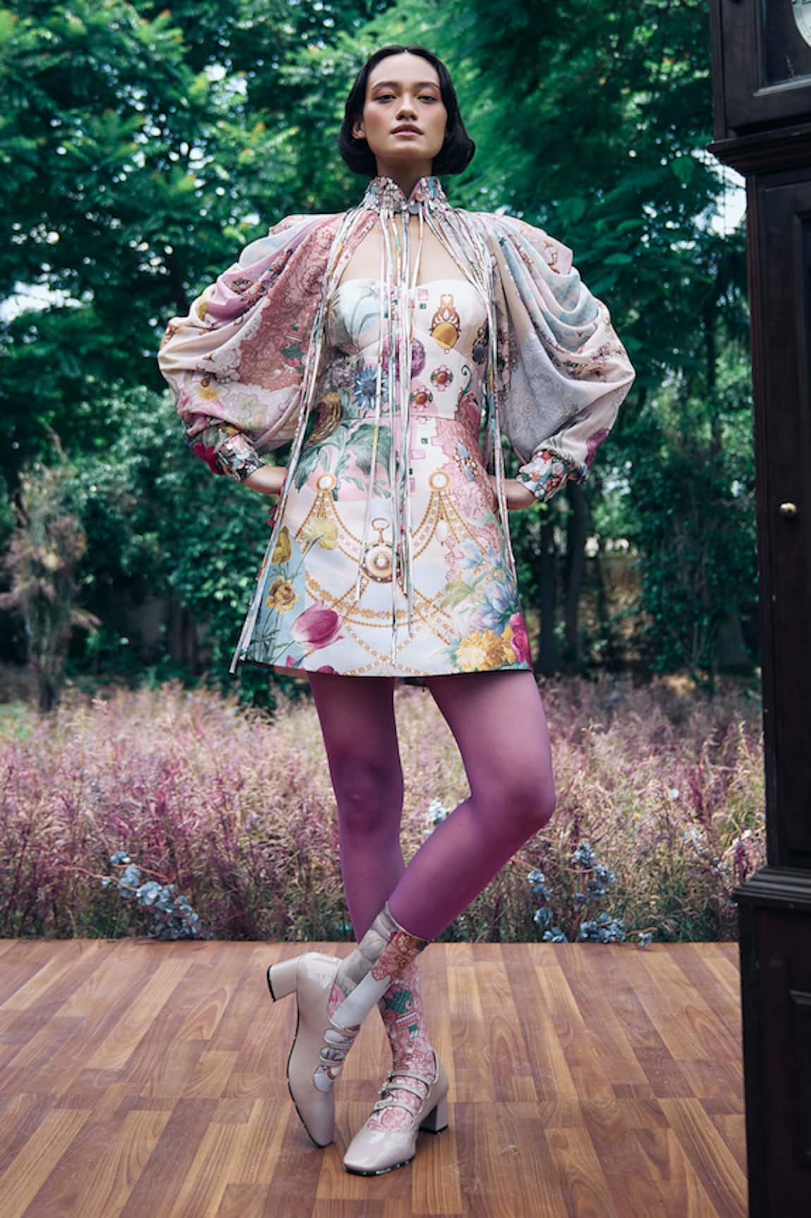 Pankaj & Nidhi Floral Tasselled Cape & Mini Tube Dress