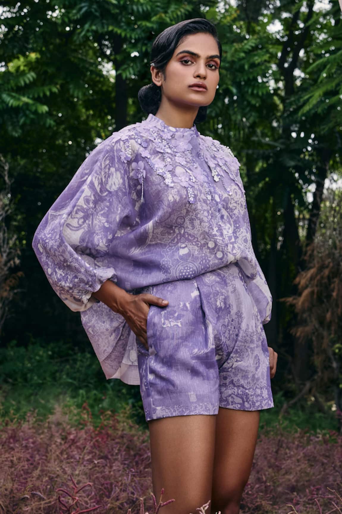 Pankaj & Nidhi Floral Applique Embellished Shirt & Shorts Set 