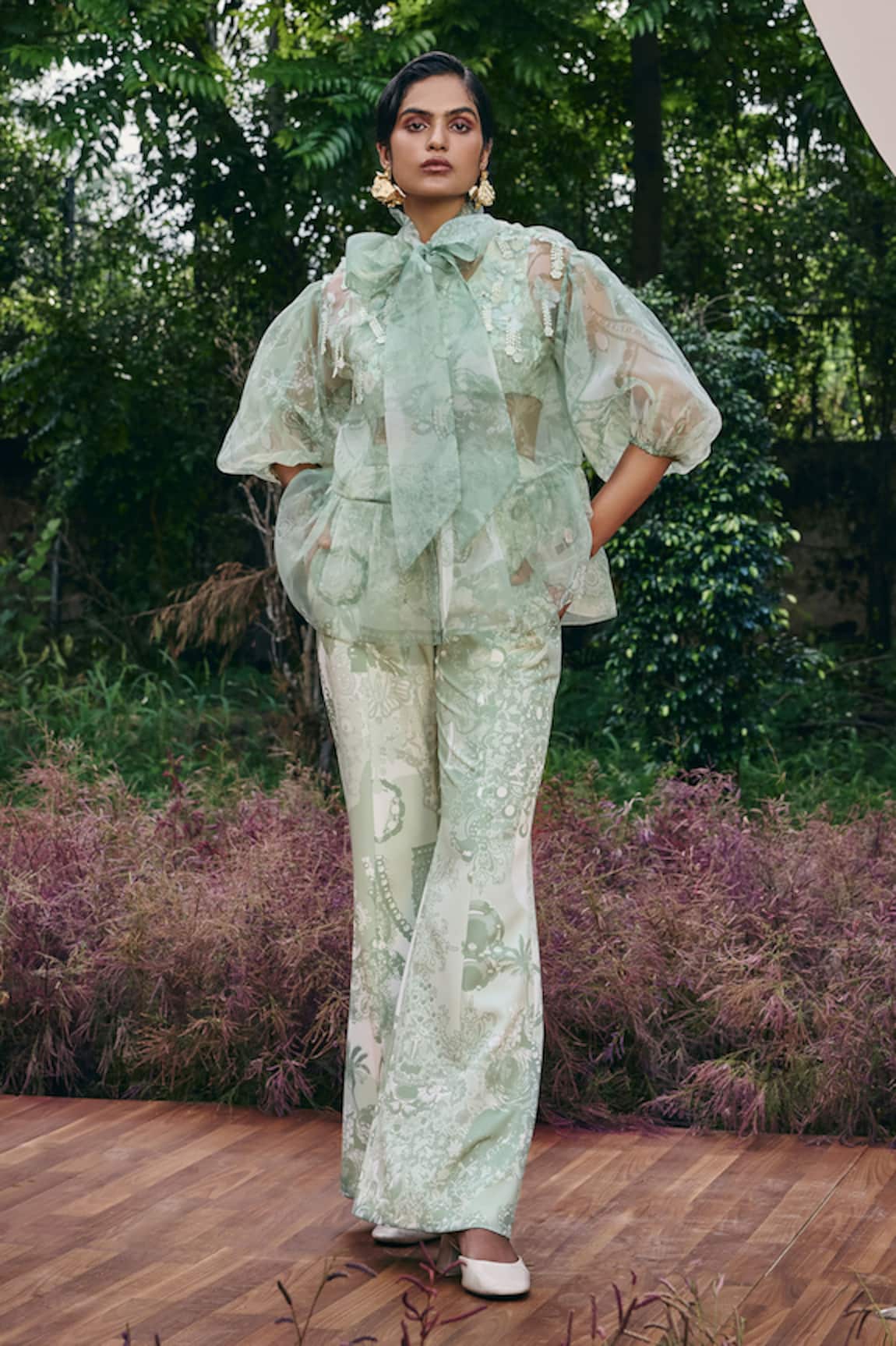 Pankaj & Nidhi Mint Green Abstract Peplum Top 