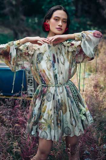 Pankaj & Nidhi Sage Green Abstract Print Dress 