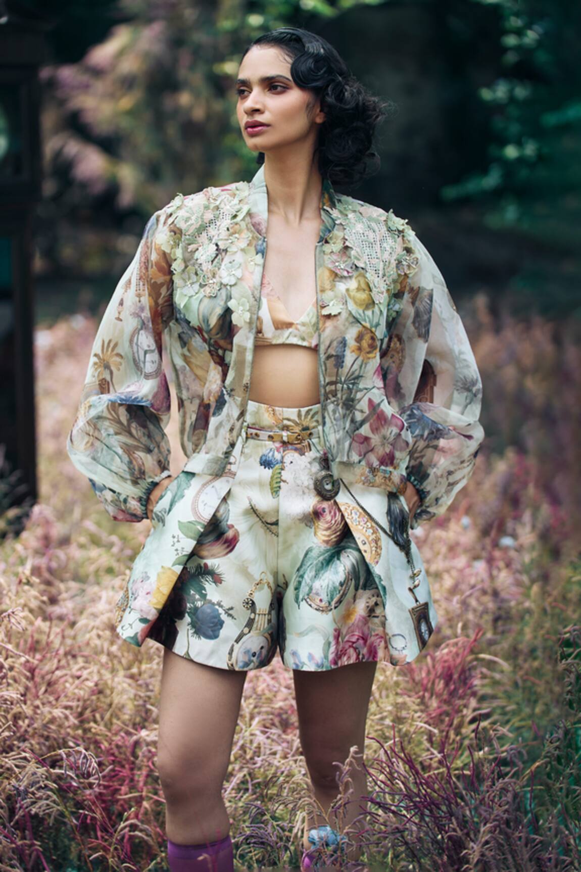 Pankaj & Nidhi Sage Green Vintage Fiore Print Bomber Jacket