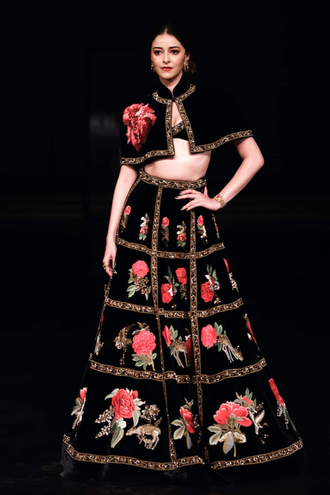 Rohit Bal Floral Embroidered Velvet Cape Lehenga Set 