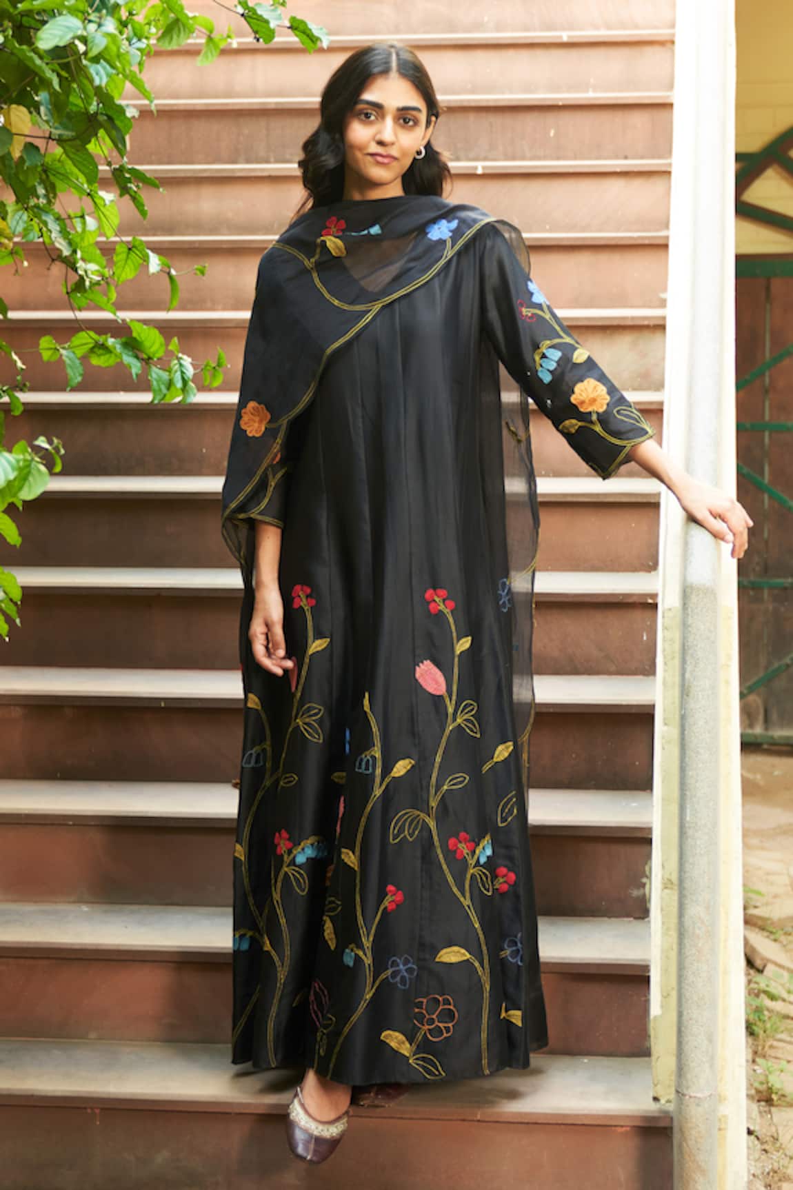 Vaayu Coal Floral Applique Anarkali with Dupatta 