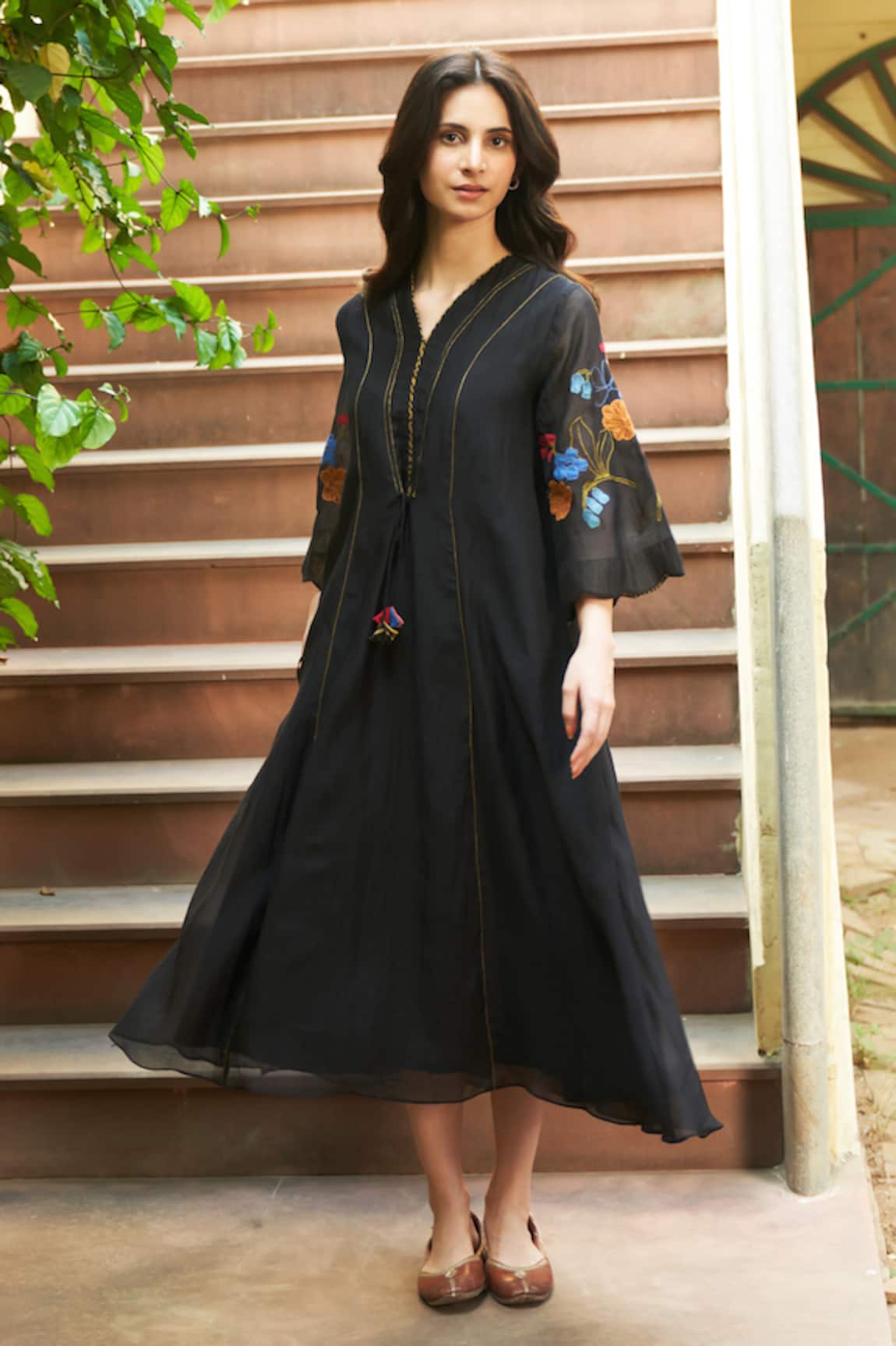 Vaayu Embroidered Floral Applique Midi Dress 