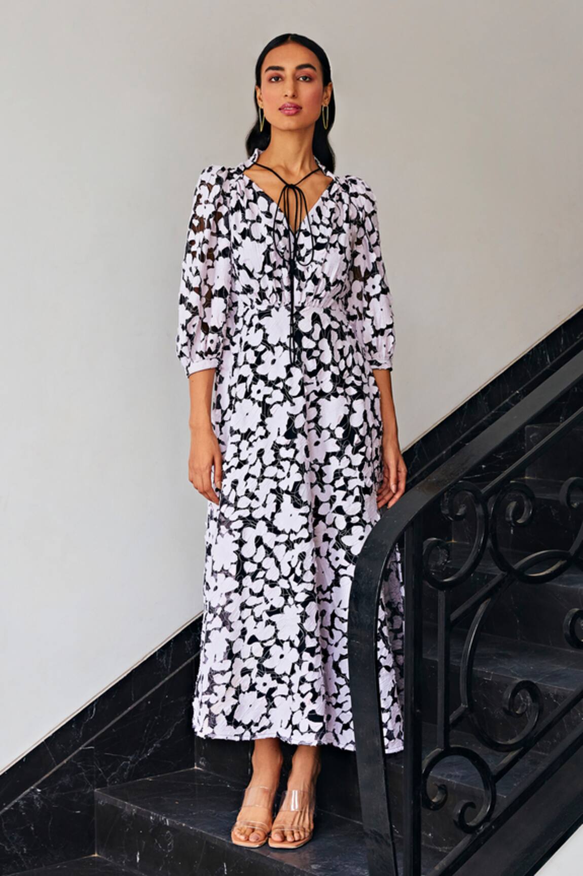 Kay Kay Black Mesh Dress With Applique Flowers