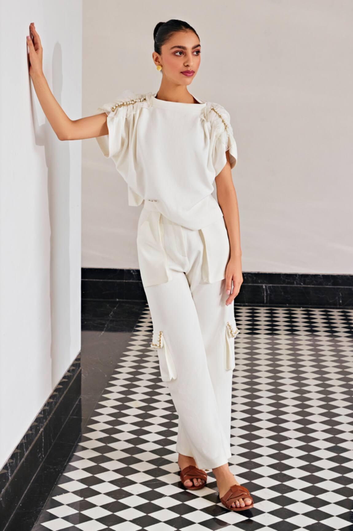 Kay Kay Off White Ruffled Top & Pant Set