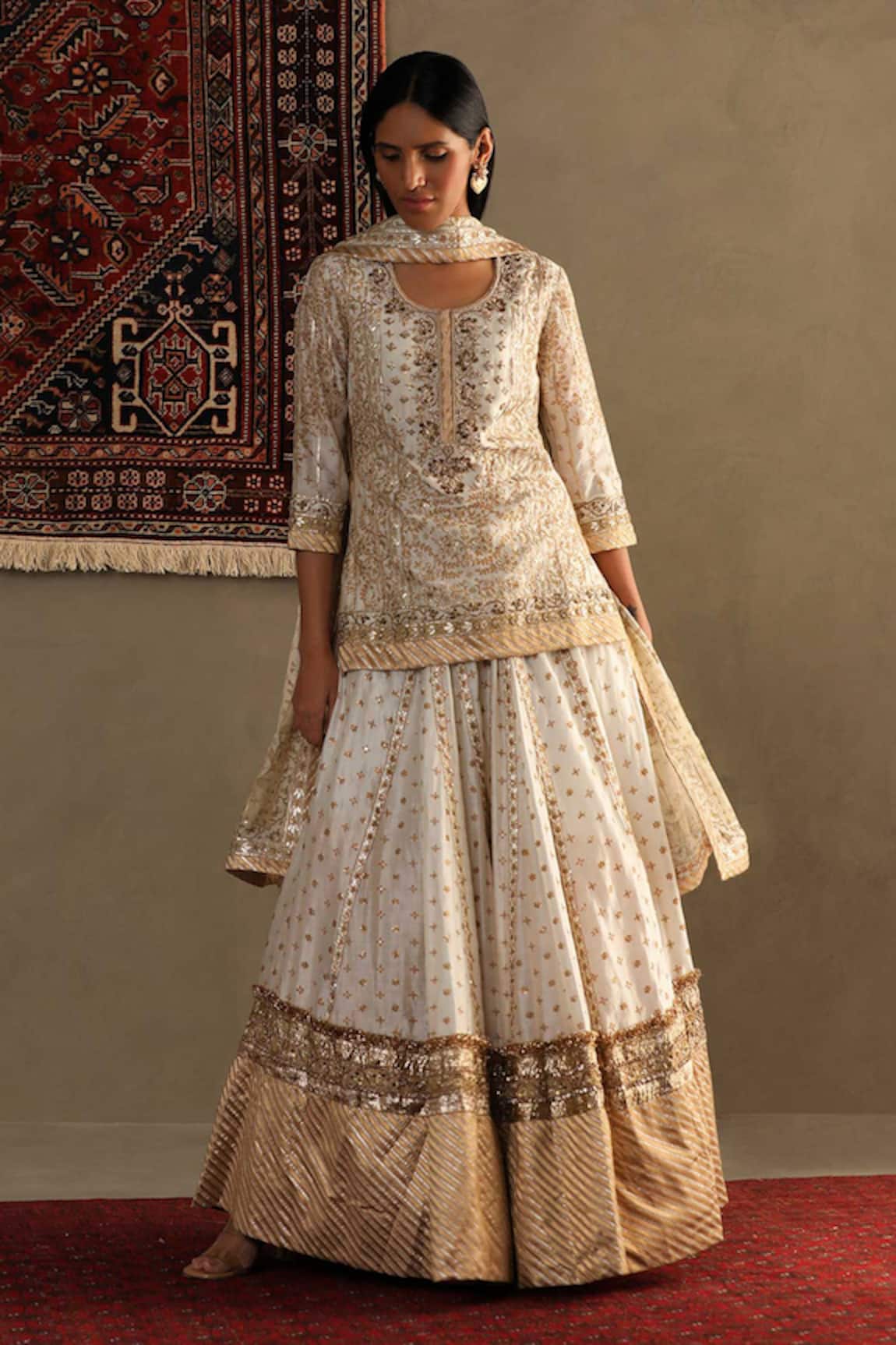 RI.Ritu Kumar Gota Embroidered Off White Kurti Sharara Set 