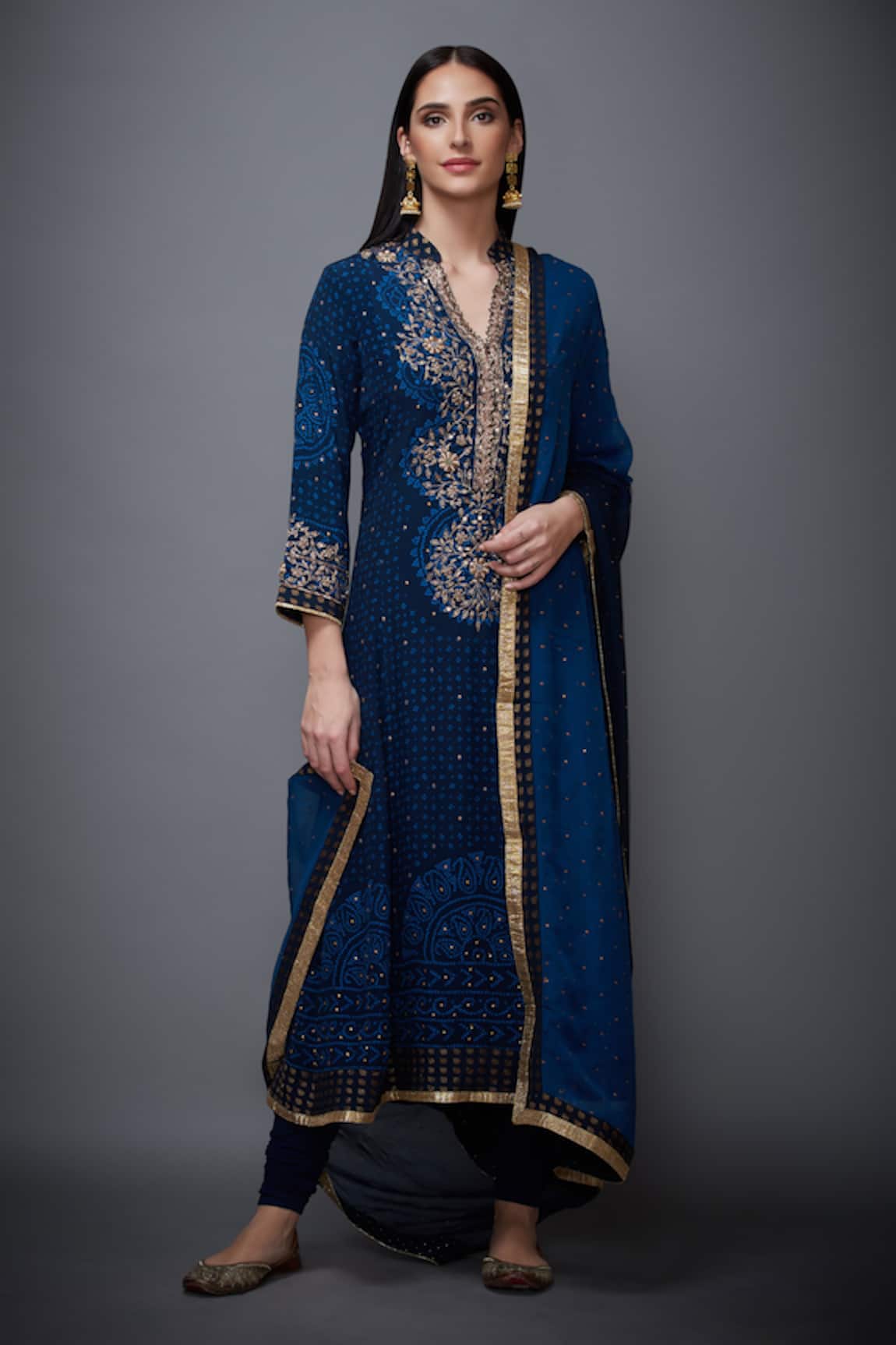 RI.Ritu Kumar Bandhni Print & Zardozi Embroidered Kurta Set 
