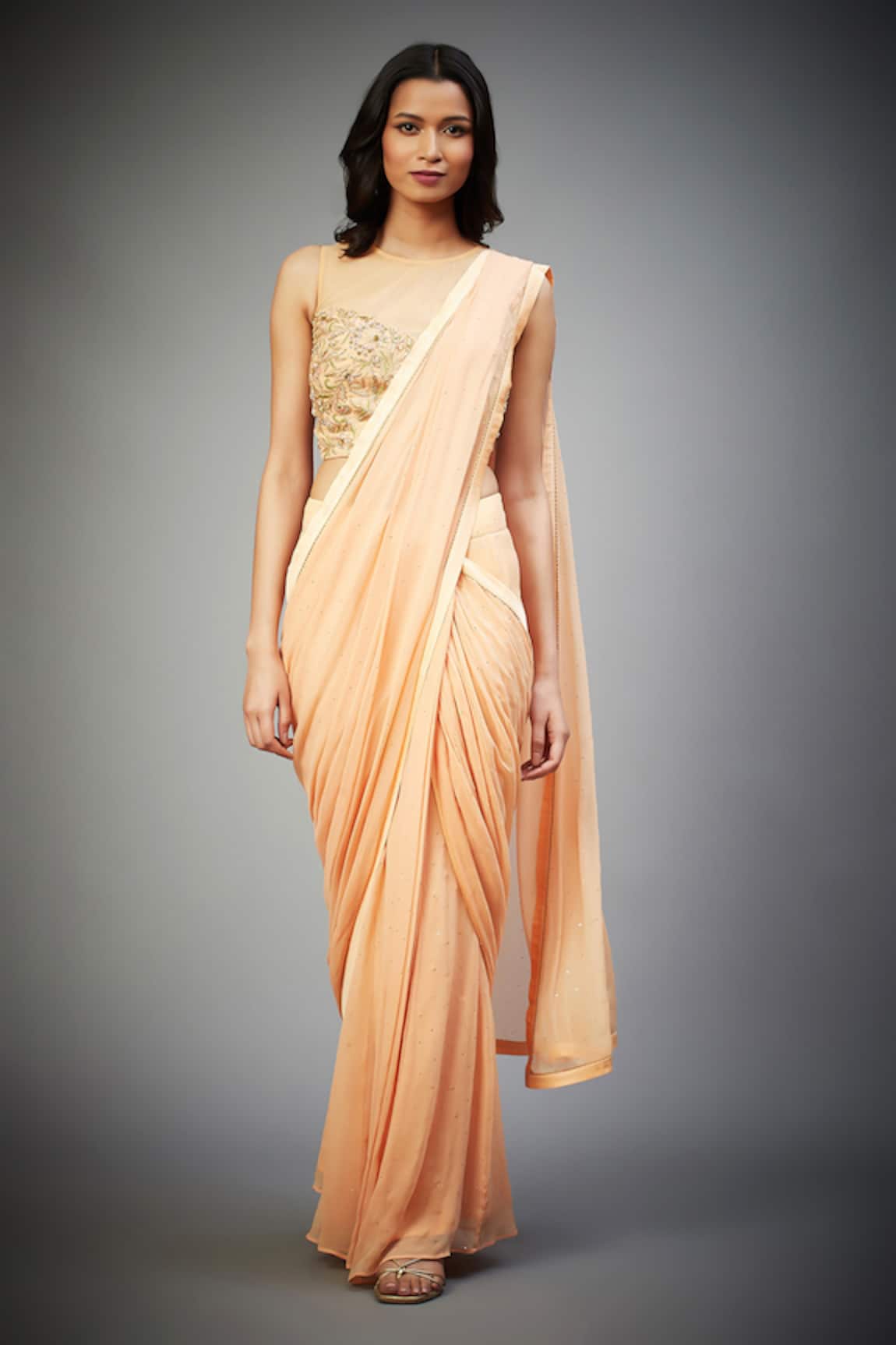 RI.Ritu Kumar Peach Pre-Draped Saree With Embroidered Blouse 