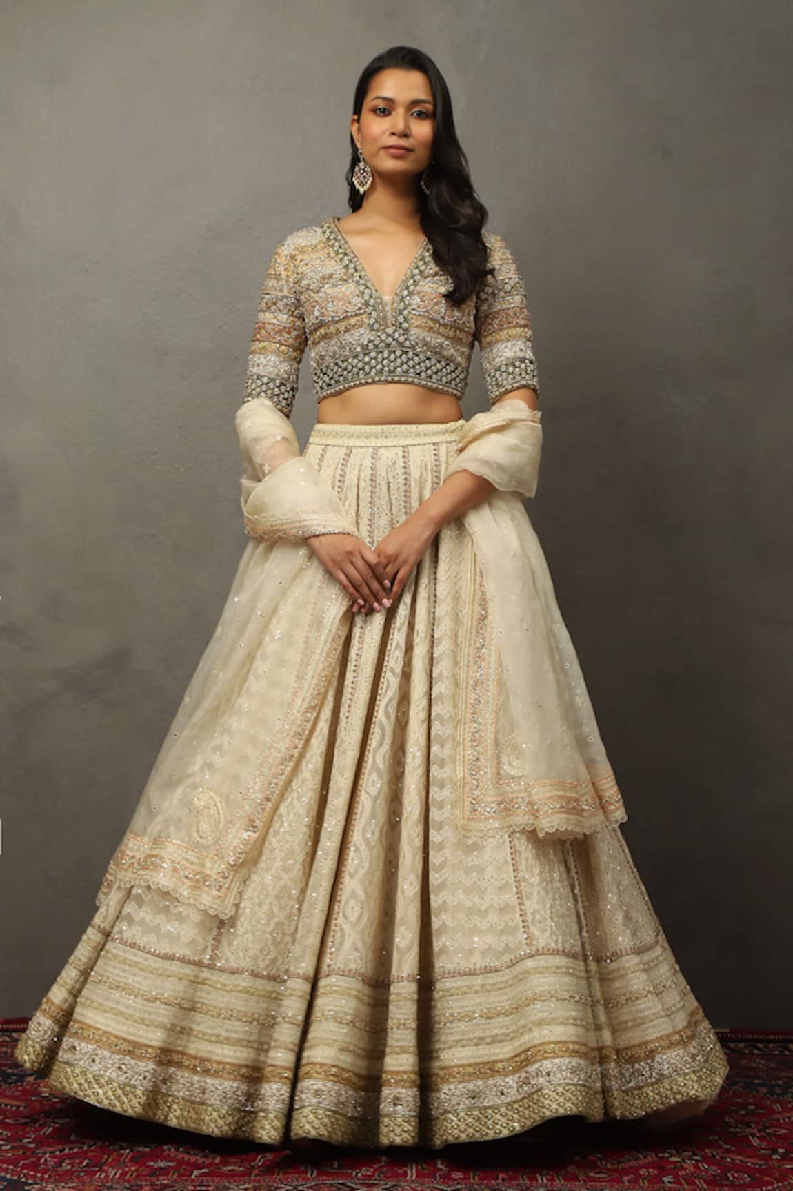 RI.Ritu Kumar Ivory Geometric Embroidered Lehenga Set 