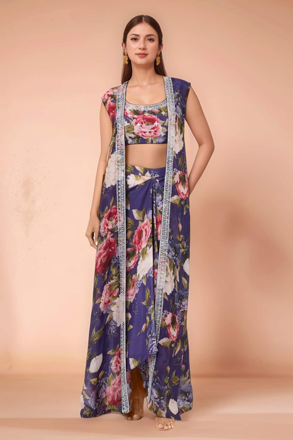 Kashmiraa Floral Print Cape Draped Skirt Set