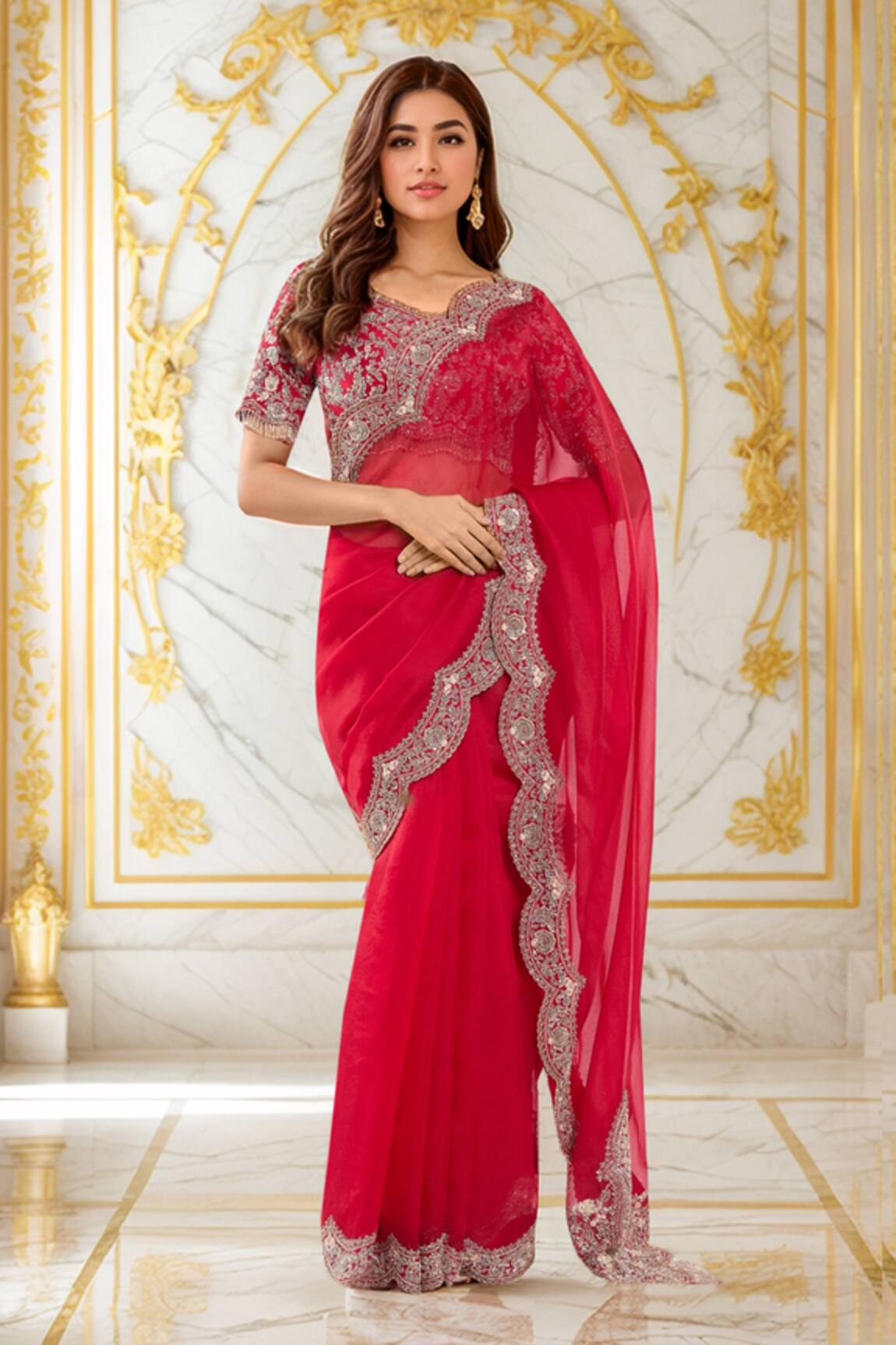 Prisho Embroidered Scallop Hem Red Saree & Blouse