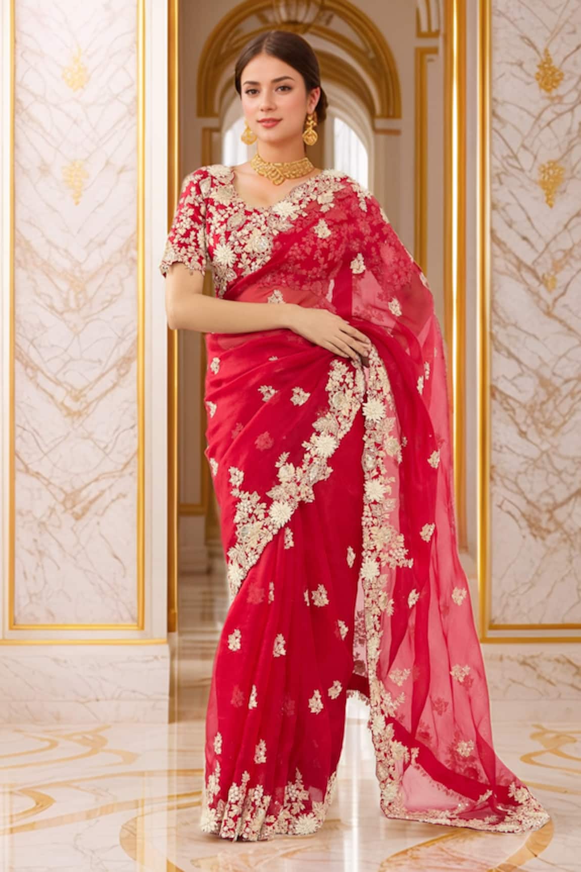Prisho Flower Embroidered Hem Saree & Blouse 