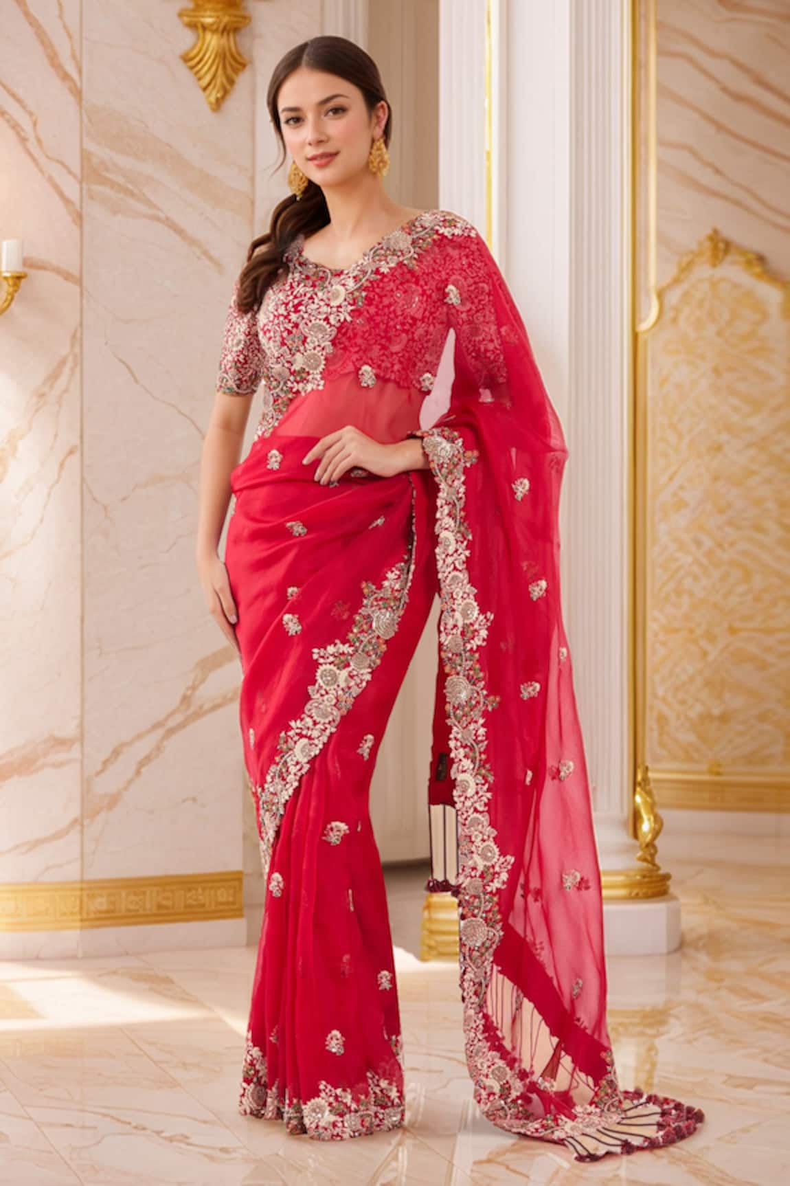 Prisho Floral Thread Embroidered Red Saree Set