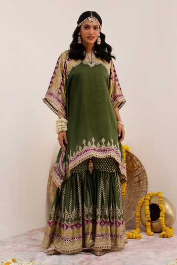 Surkh Syahi Tribal Bloom Print Kaftan & Gharara Set 