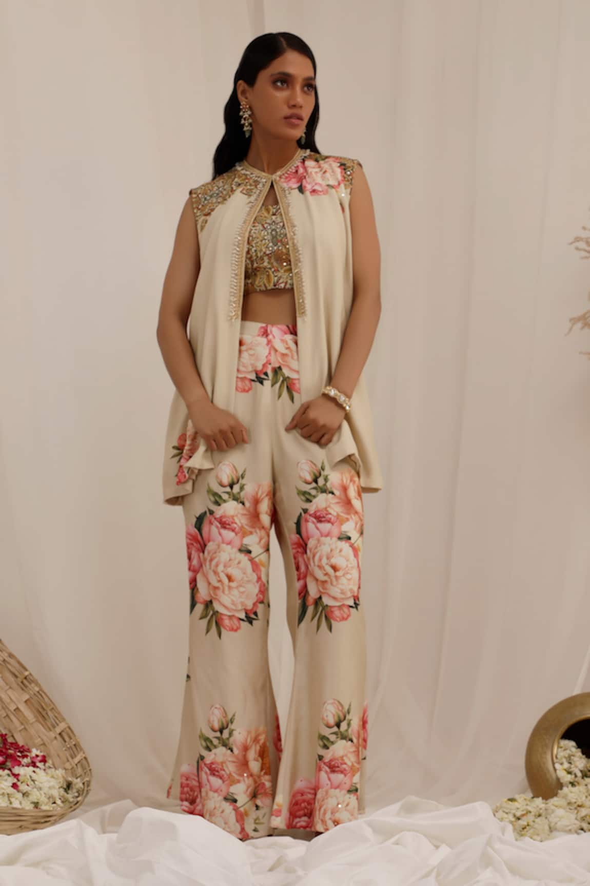 Surkh Syahi Gul Kand Print Jacket & Bell Bottom Pant Set 