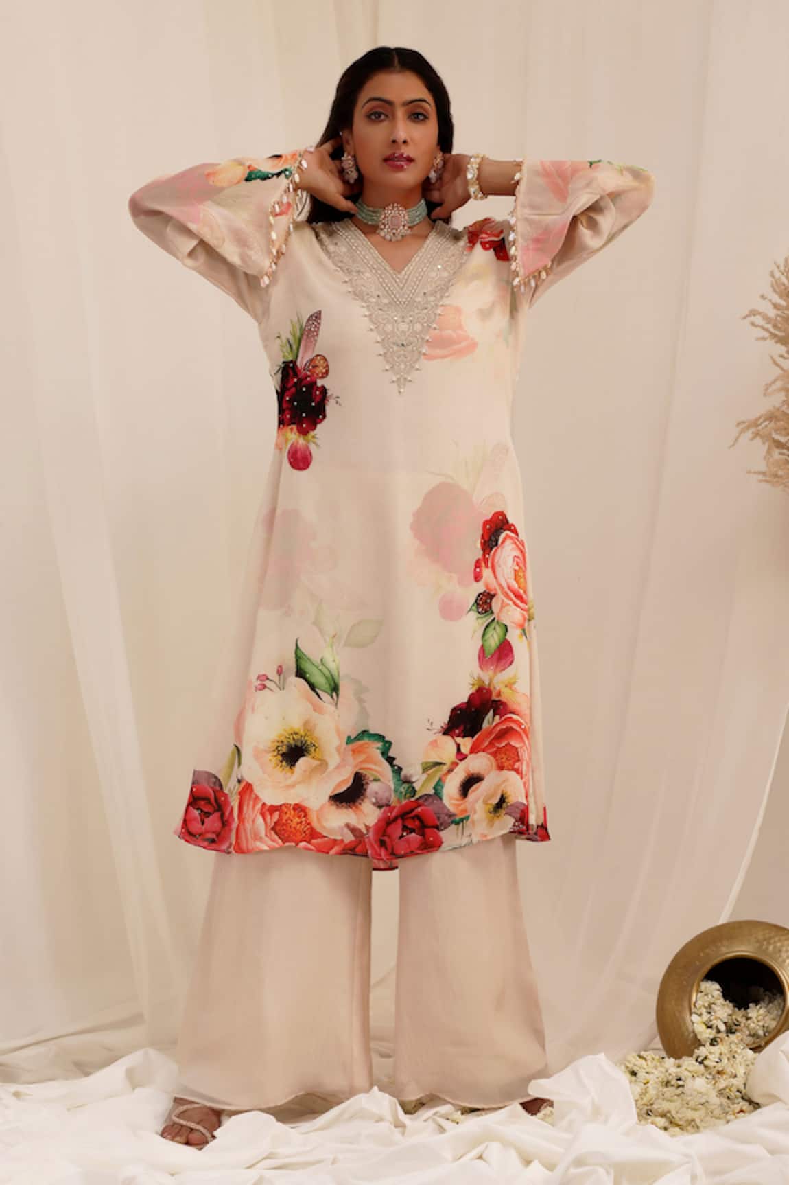 Surkh Syahi Gul Dasta Print Kurta & Palazzo Set 
